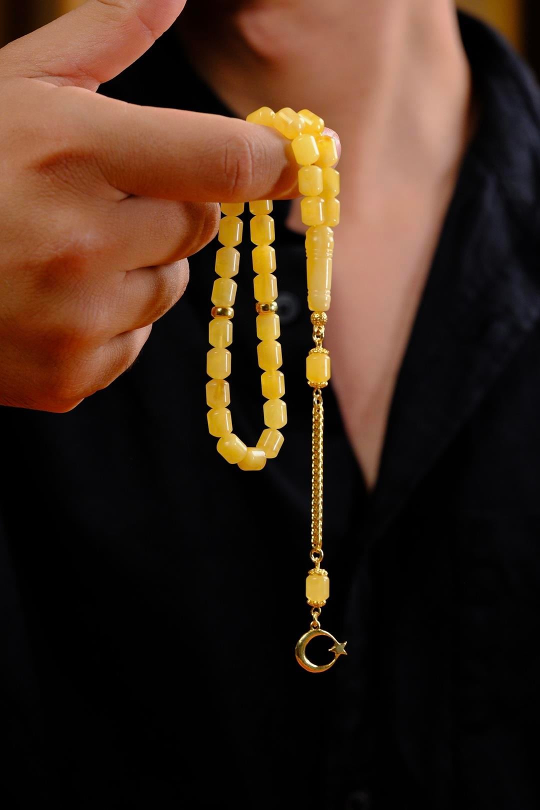 Bilek Boy Damla Kehribar Gümüş Ayyıldız Tasarım Tesbih (Amber), (مسبحة قطرة كهريبار)