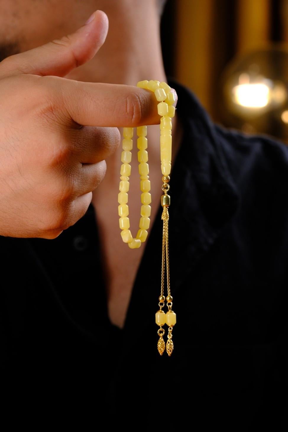 Bilek Boy Damla Kehribar Gümüş Gold Tasarım Tesbih (Amber), (مسبحة قطرة كهريبار)
