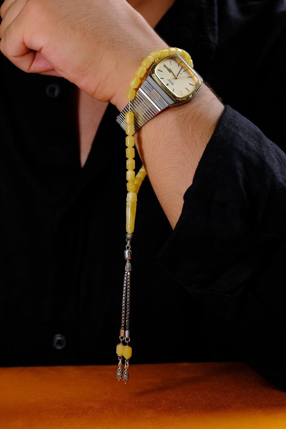 Bilek Boy Damla Kehribar Gümüş Tasarım Tesbih (Amber), (مسبحة قطرة كهريبار)