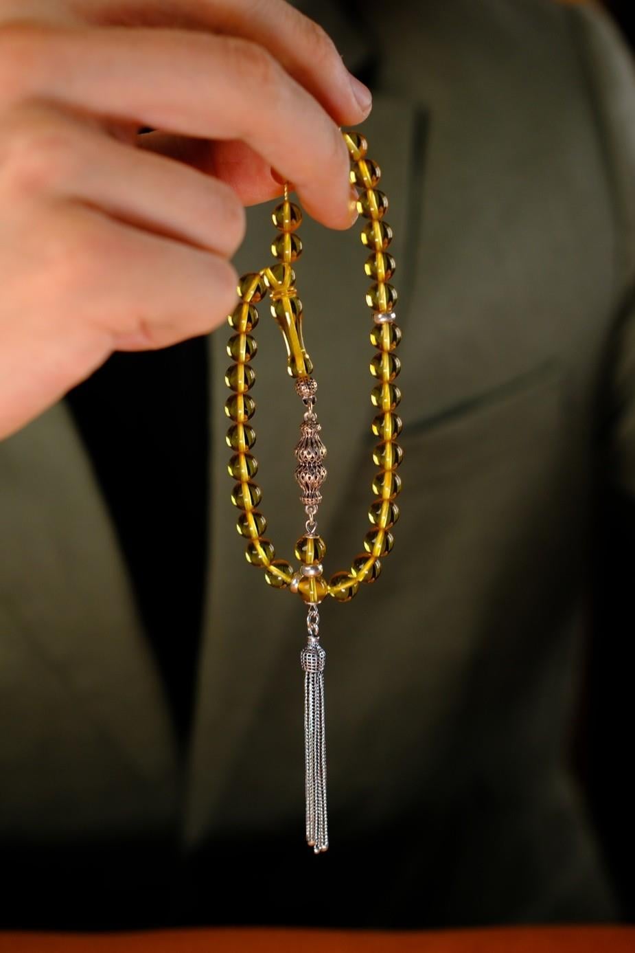 Bilek Boy Damla Kehribar Gümüş Tasarım Tesbih (Amber), (مسبحة قطرة كهريبار)