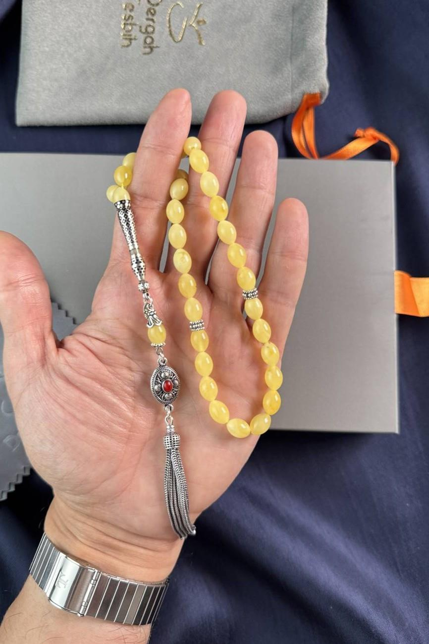 Bilek Boy Nakkaş İmame Gümüş Tasarım Damla Kehribar Tesbih  (Amber), (مسبحة قطرة كهريبار)