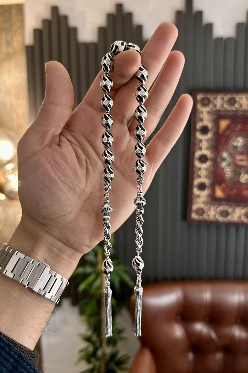 Orjinal El İşçiliği Gümüş Tasarım Kafesli Siyah Zaza Tesbih