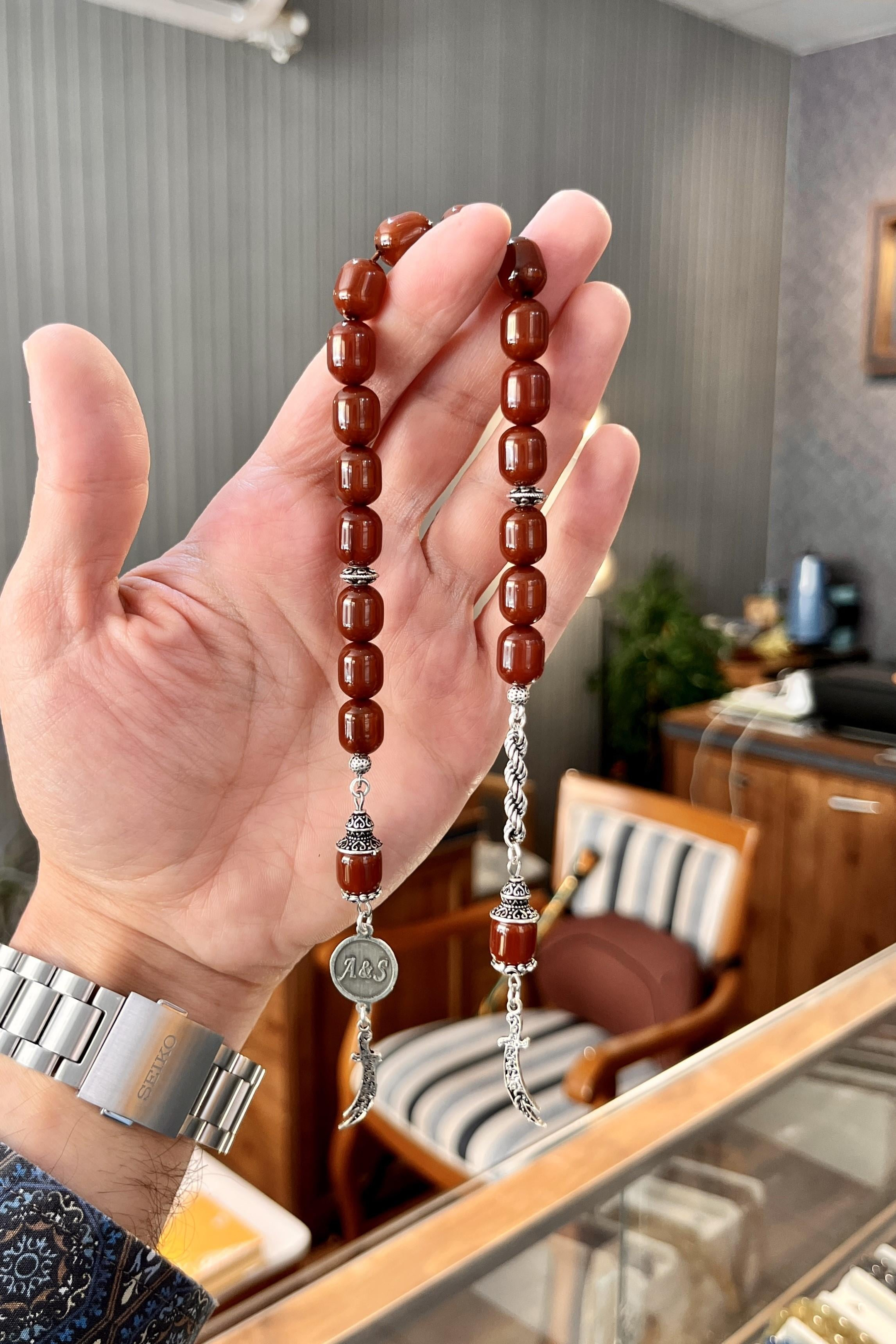  İsimli Sıkma Kehribar Gümüş Tasarım Zaza Tesbih