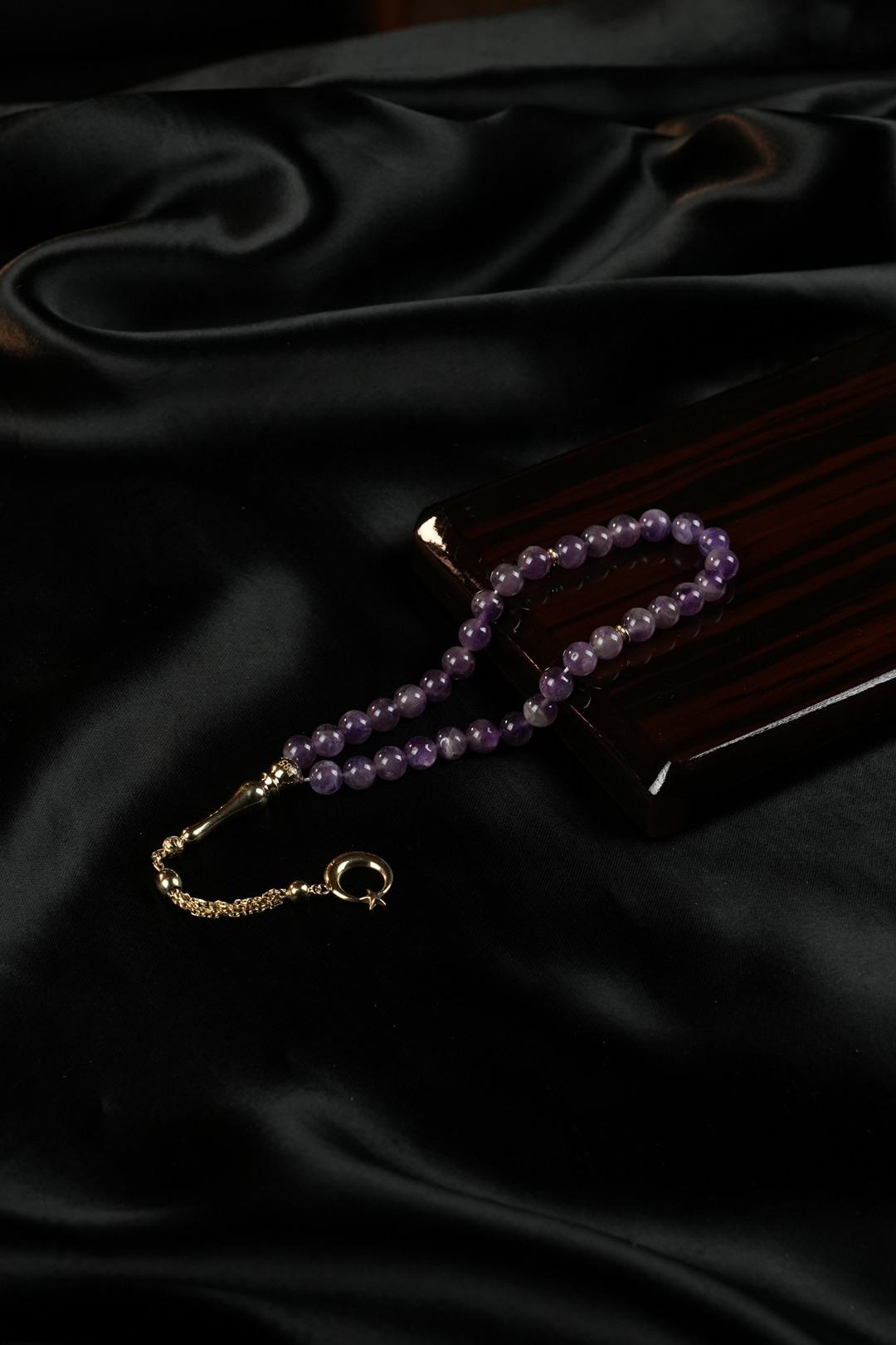 14 Ayar Altın Ayyıldız Tasarım Orjinal Ametist Taşı Tesbih