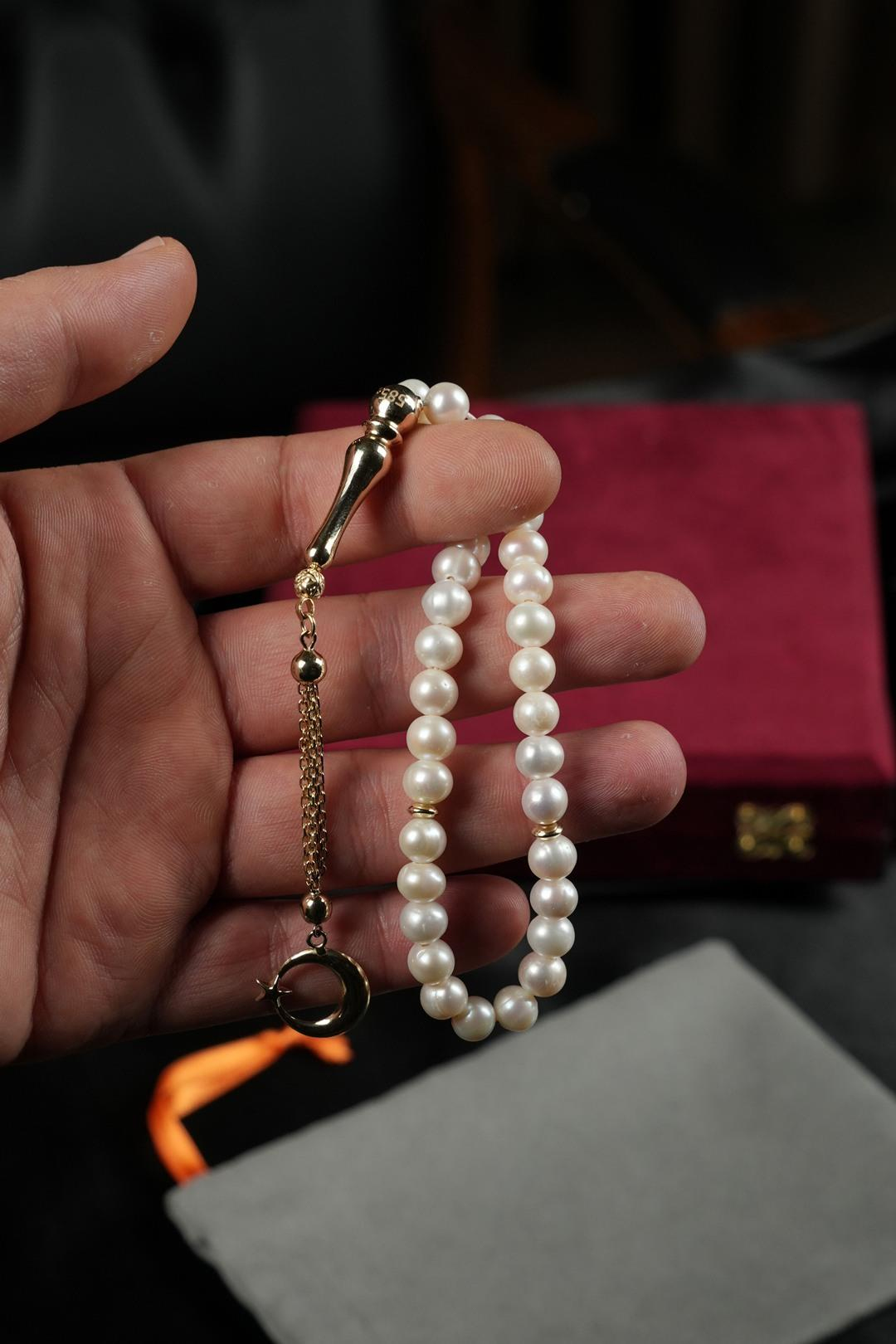 14 Ayar Altın Ayyıldız Tasarım Orjinal İnci Tesbih