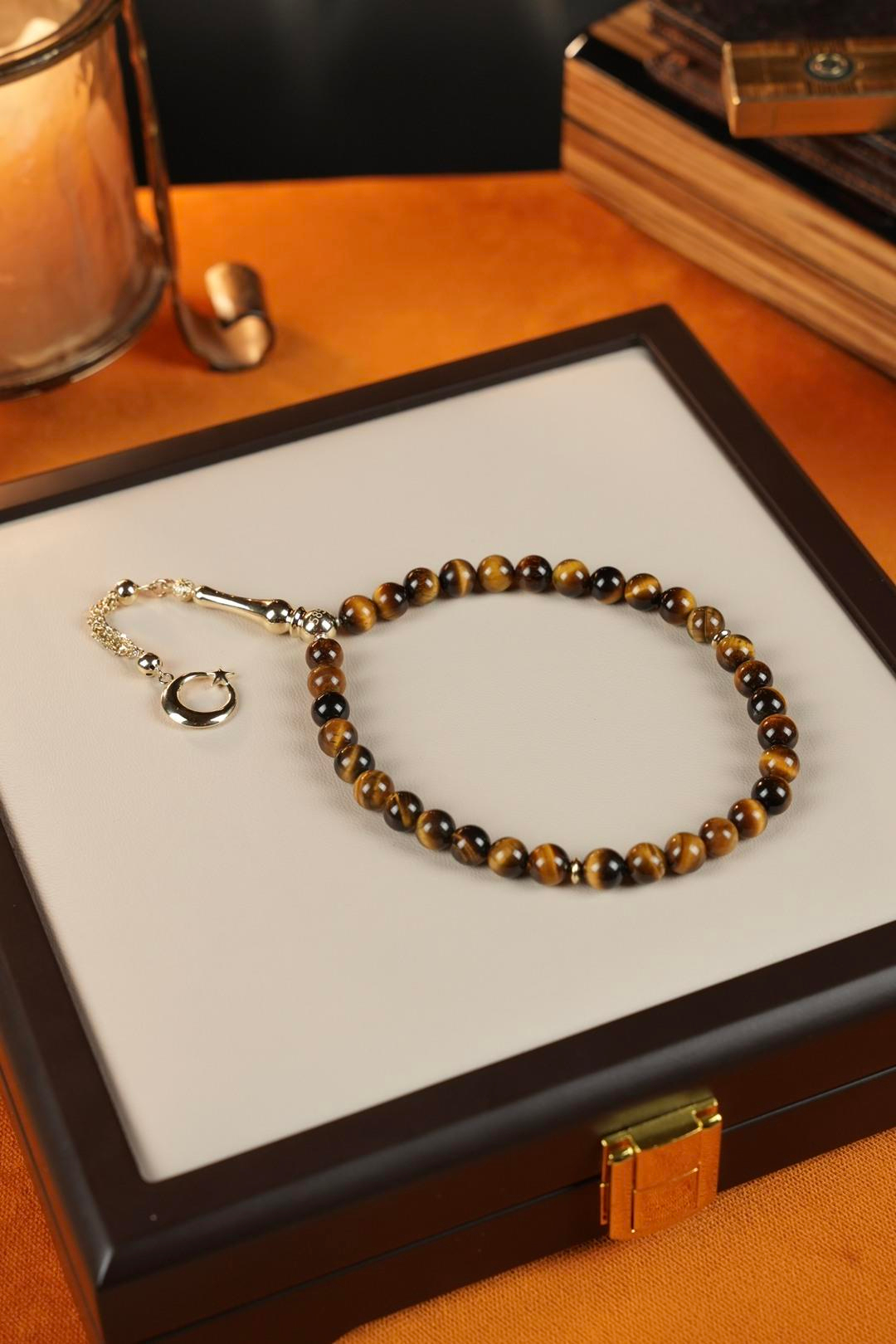 14 Ayar Altın Ayyıldız Tasarım Orjinal Kaplan Gözü Tesbih