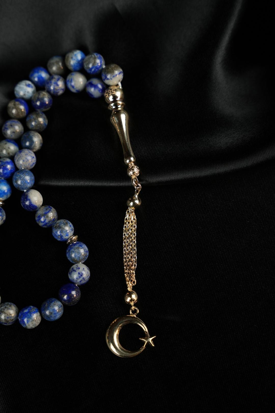 14 Ayar Altın Ayyıldız Tasarım Orjinal Lapis Lazuli  Tesbih