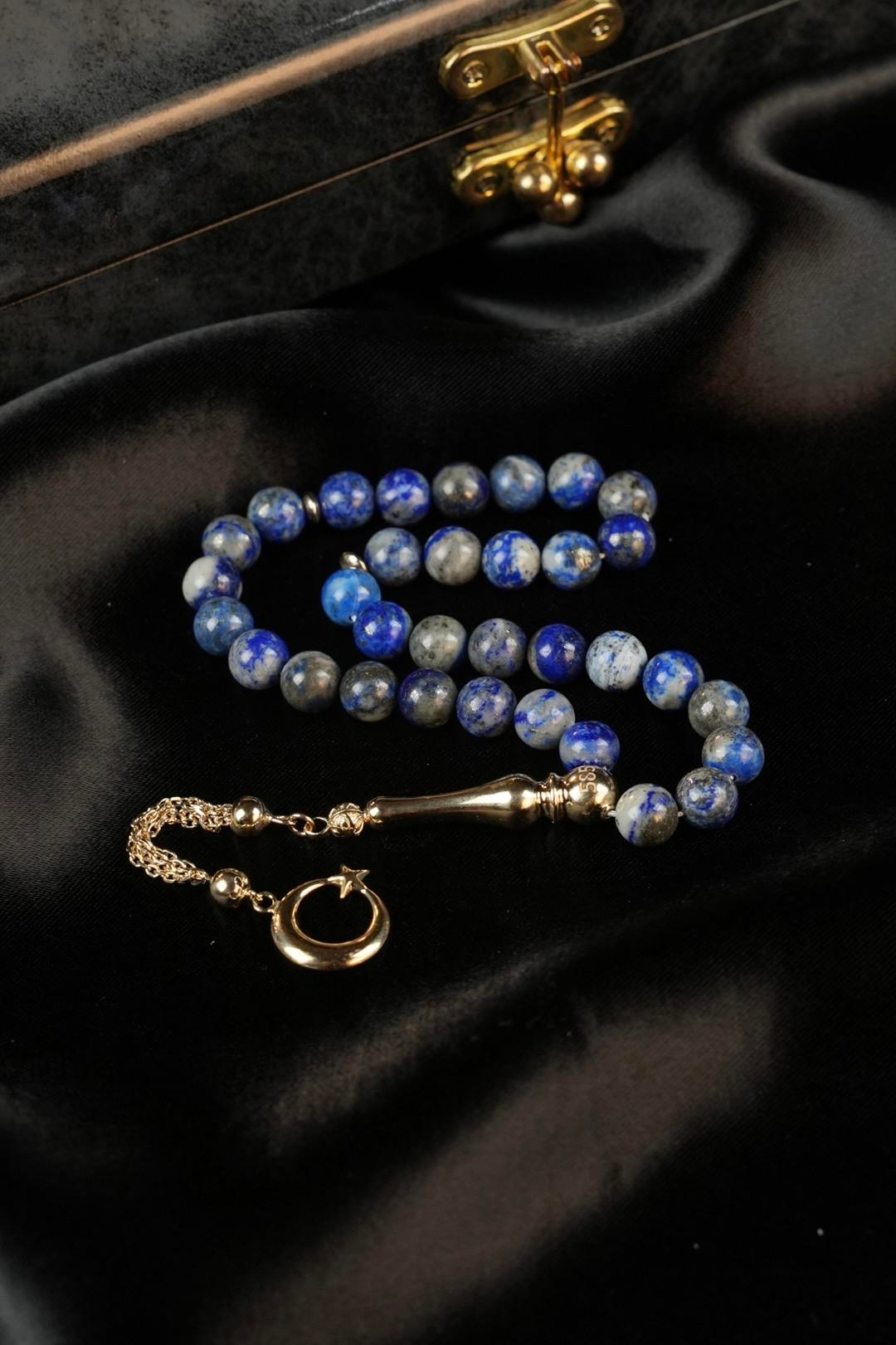 14 Ayar Altın Ayyıldız Tasarım Orjinal Lapis Lazuli  Tesbih