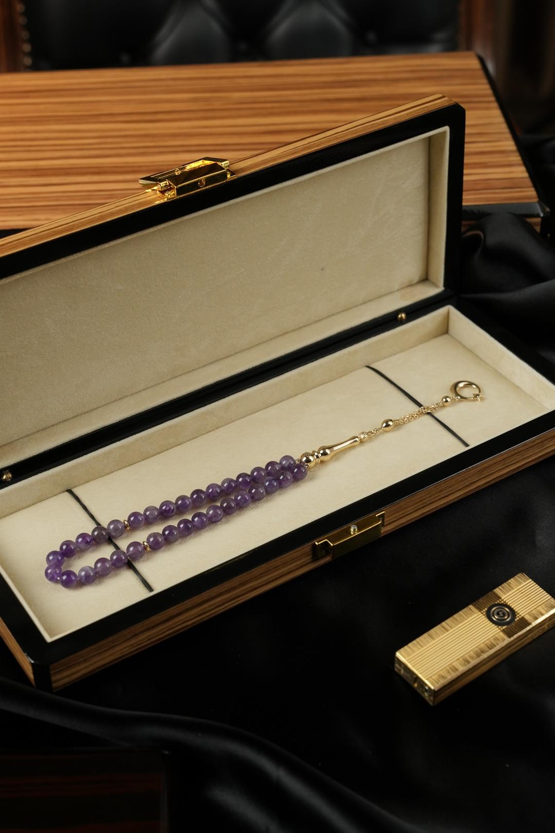 14 Ayar Altın Ayyıldız Tasarım Orjinal Ametist Taşı Tesbih