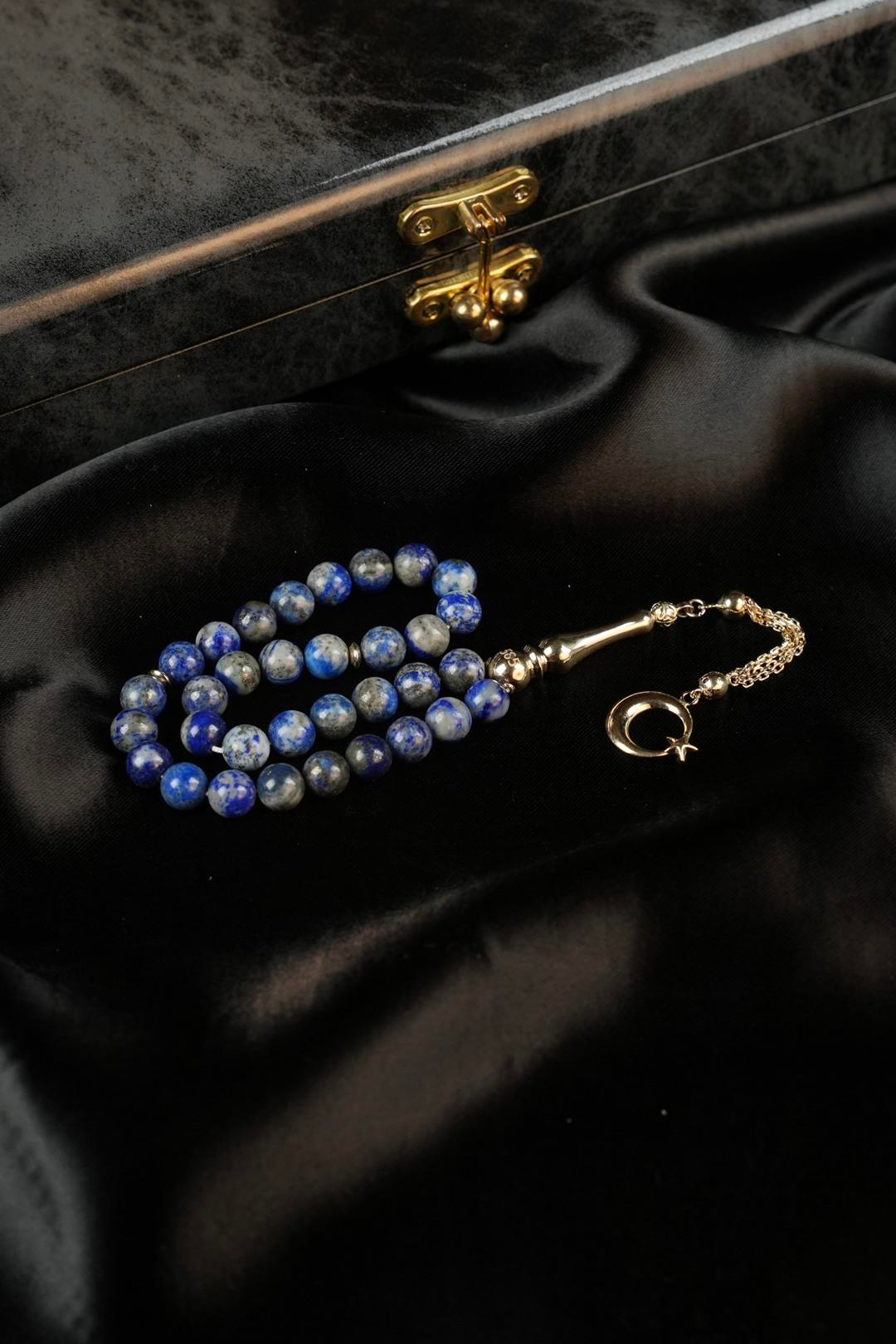 14 Ayar Altın Ayyıldız Tasarım Orjinal Lapis Lazuli  Tesbih
