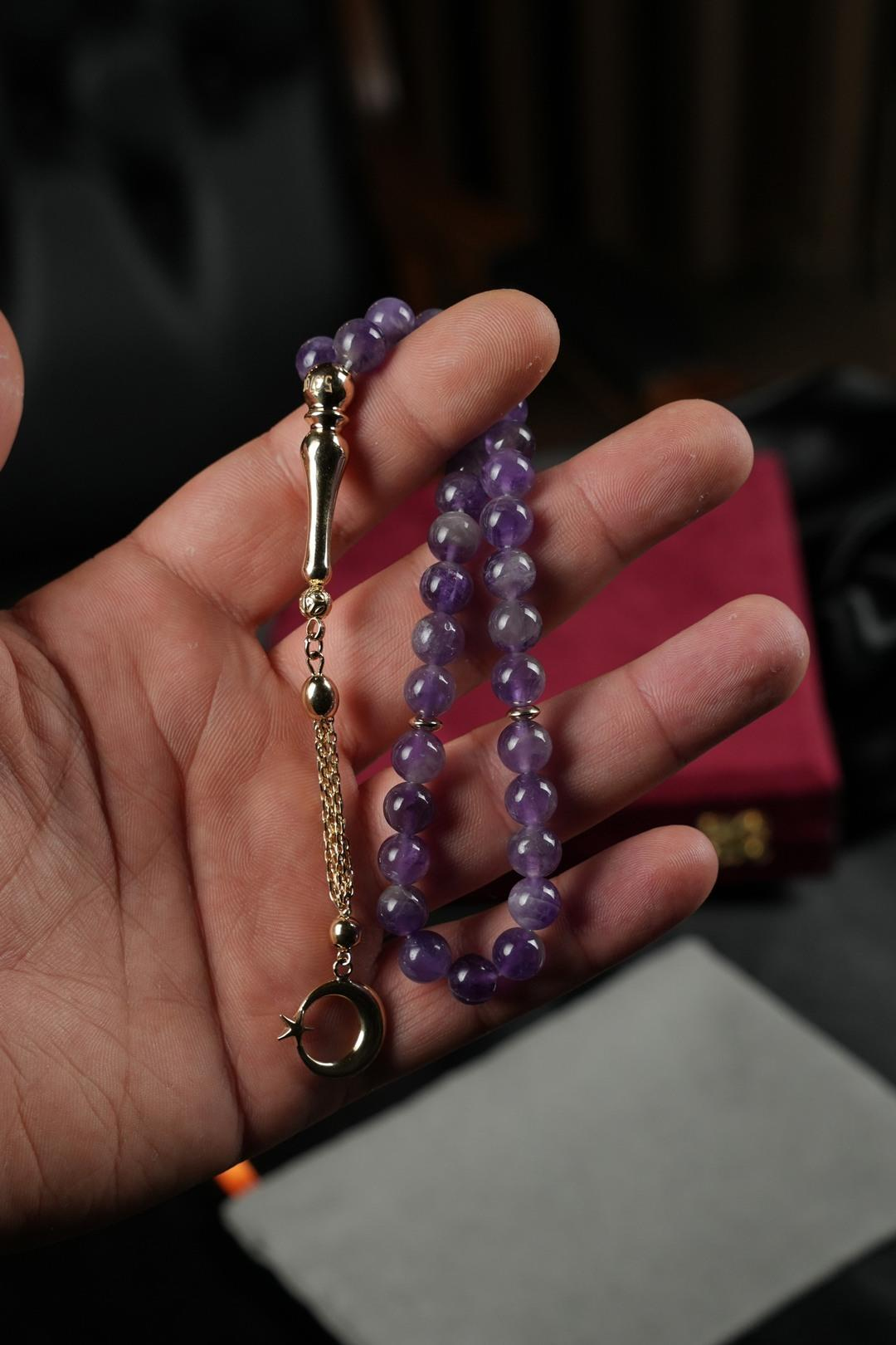 14 Ayar Altın Ayyıldız Tasarım Orjinal Ametist Taşı Tesbih