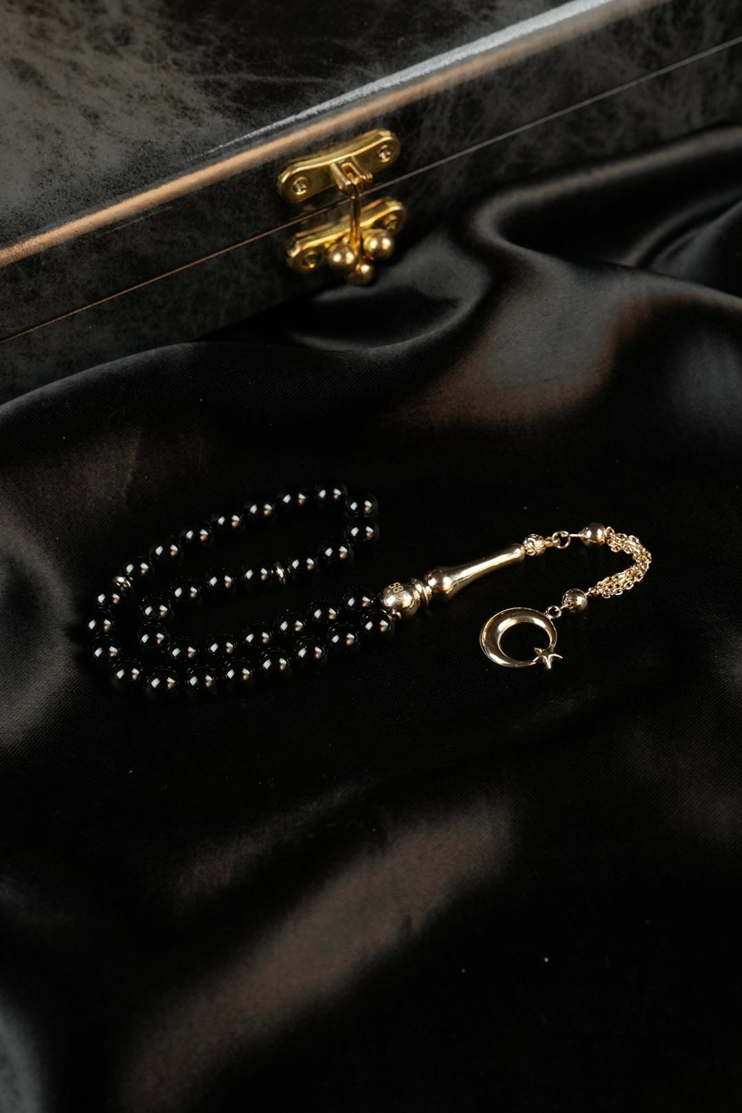 14 Ayar Altın Ayyıldız Tasarım Orjinal Erzurum Oltu Taşı Tesbih