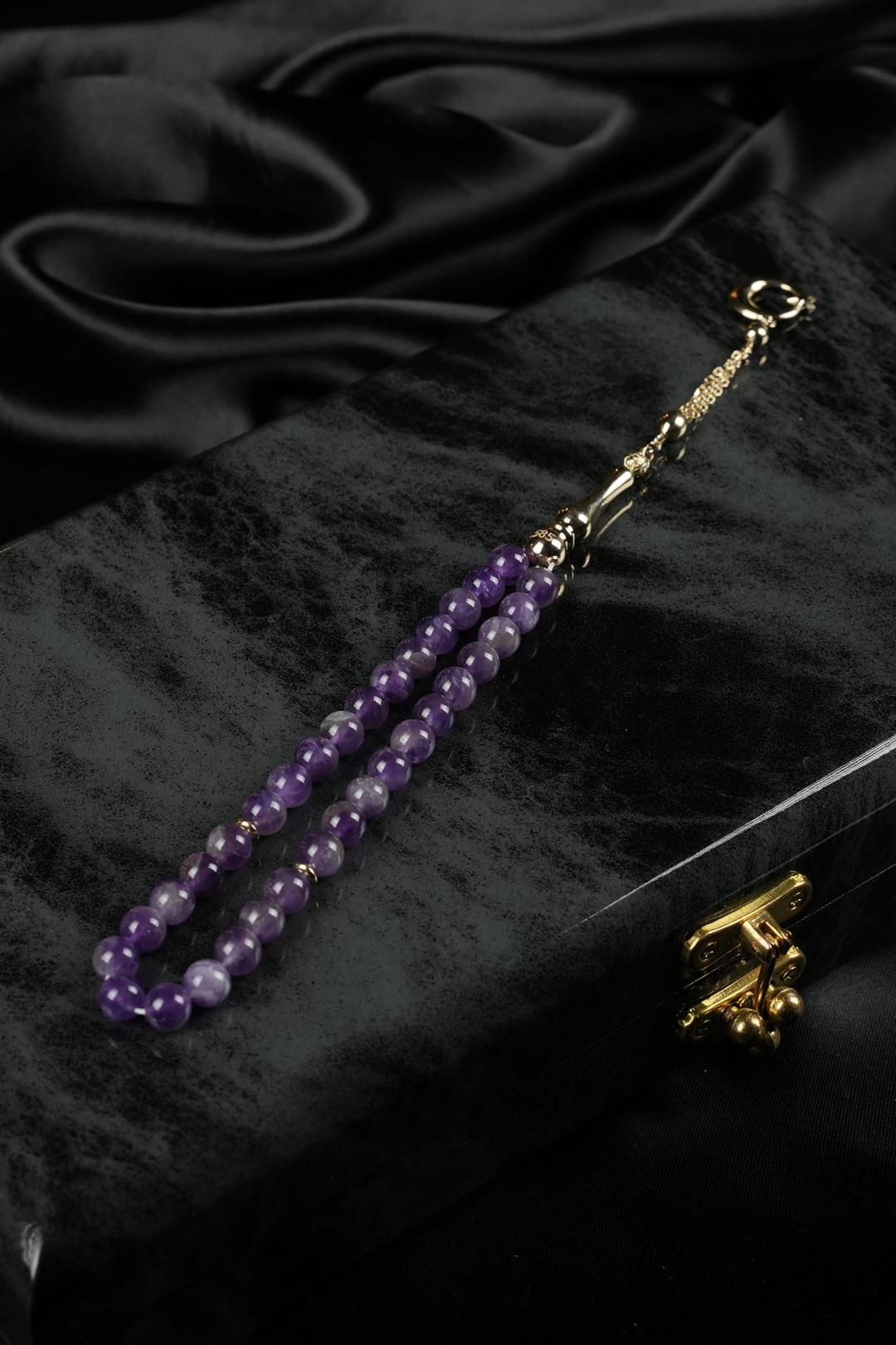 14 Ayar Altın Ayyıldız Tasarım Orjinal Ametist Taşı Tesbih