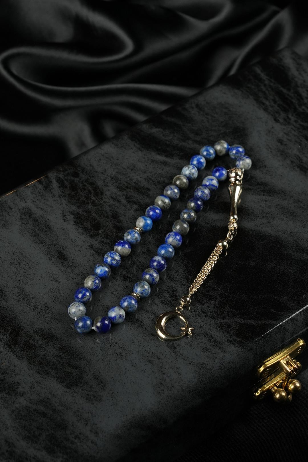 14 Ayar Altın Ayyıldız Tasarım Orjinal Lapis Lazuli  Tesbih