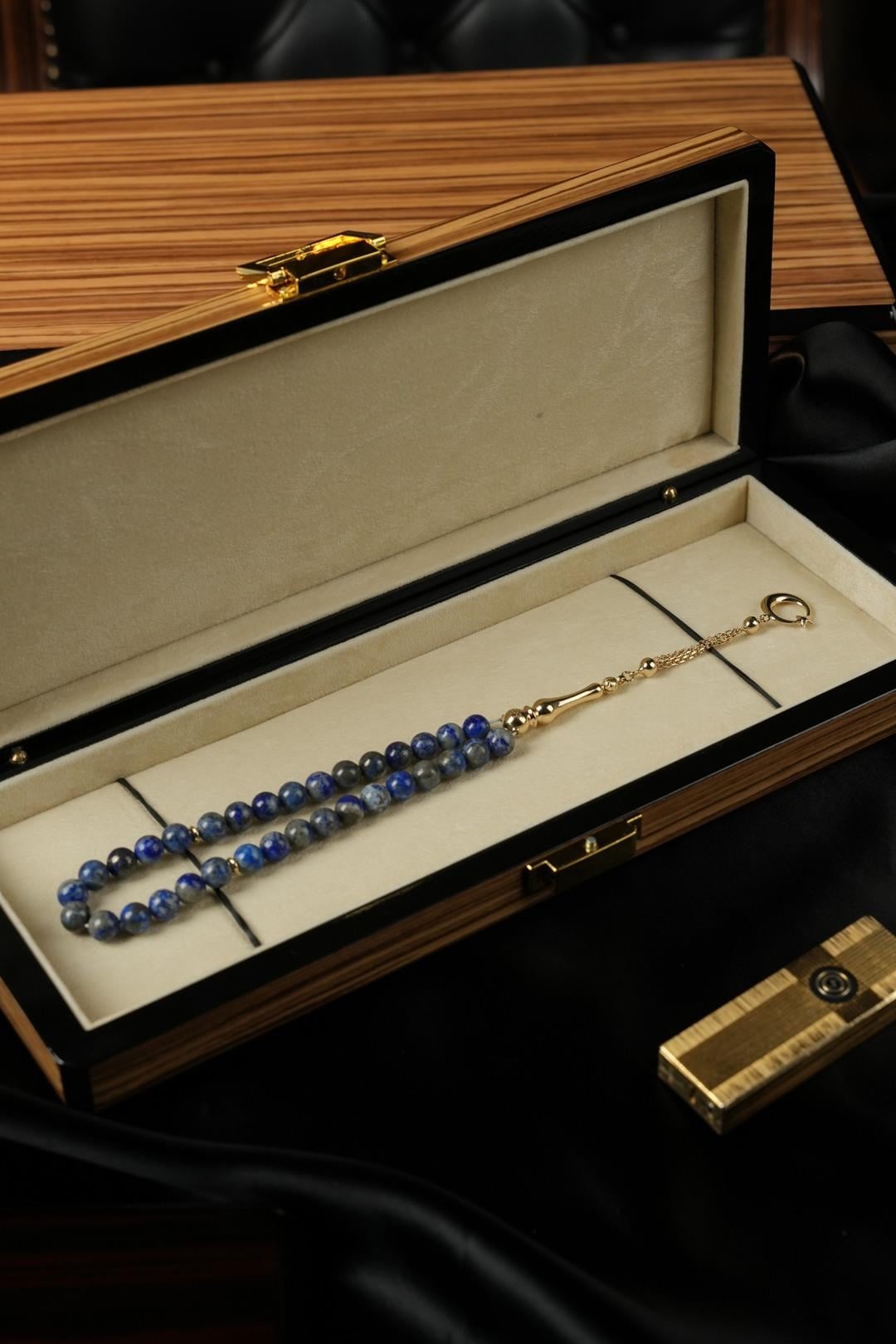 14 Ayar Altın Ayyıldız Tasarım Orjinal Lapis Lazuli  Tesbih