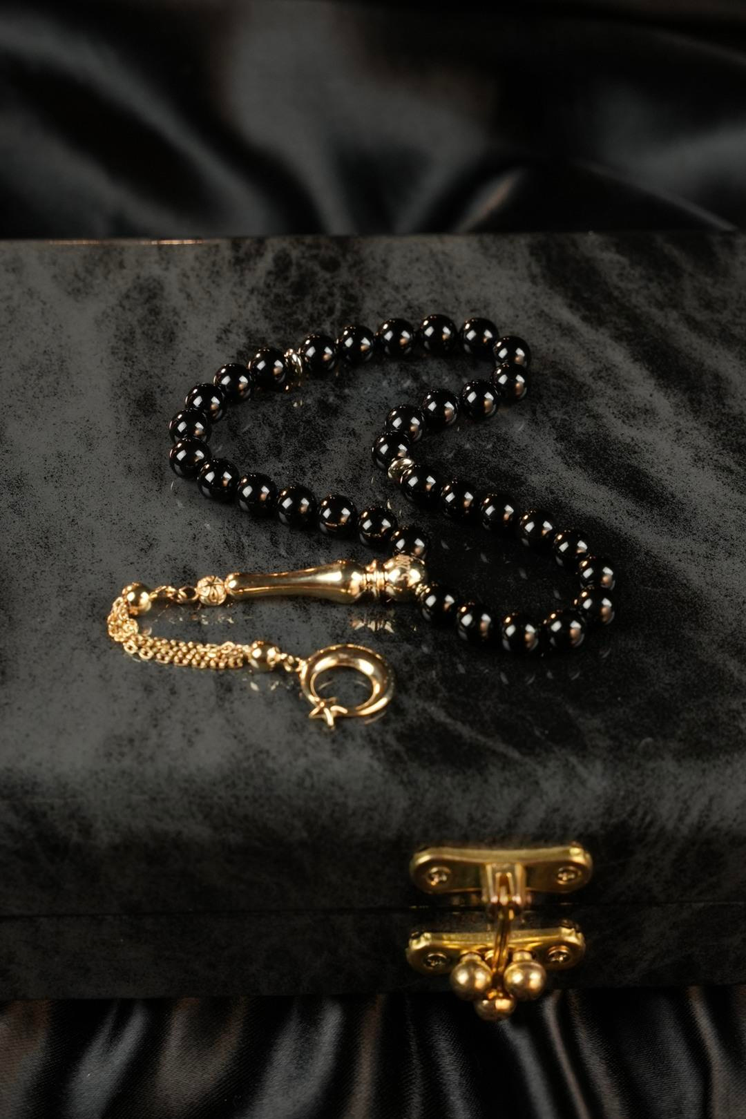 14 Ayar Altın Ayyıldız Tasarım Orjinal Erzurum Oltu Taşı Tesbih