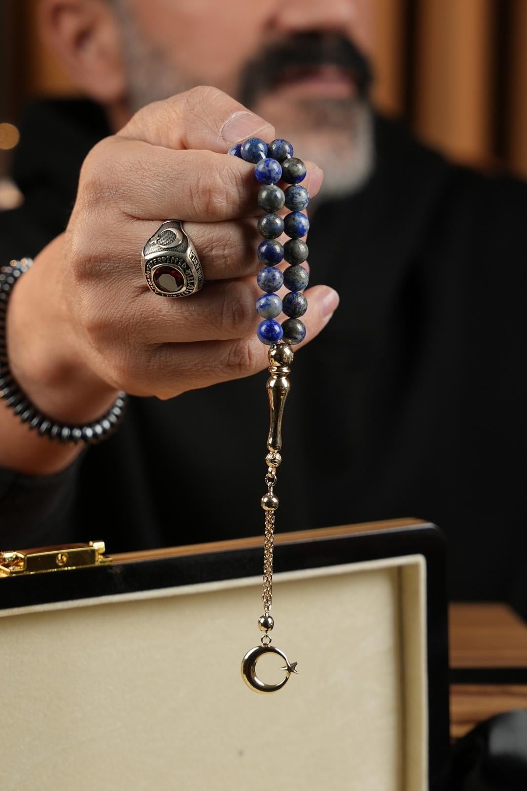 14 Ayar Altın Ayyıldız Tasarım Orjinal Lapis Lazuli  Tesbih