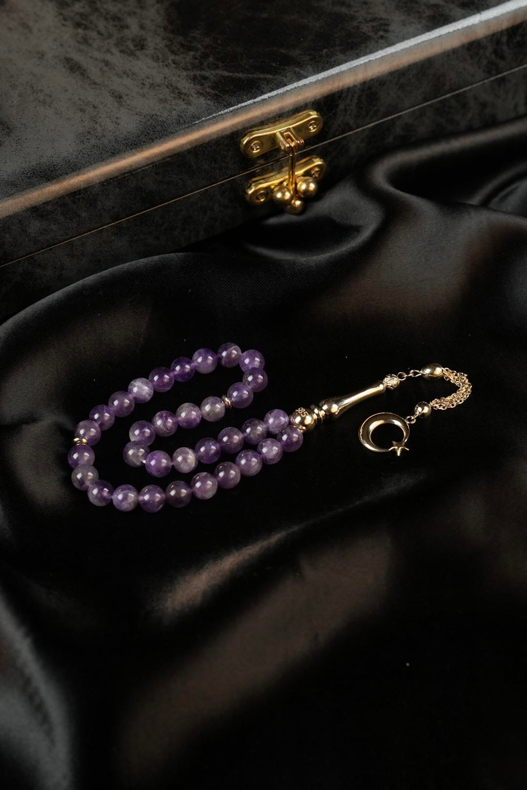 14 Ayar Altın Ayyıldız Tasarım Orjinal Ametist Taşı Tesbih