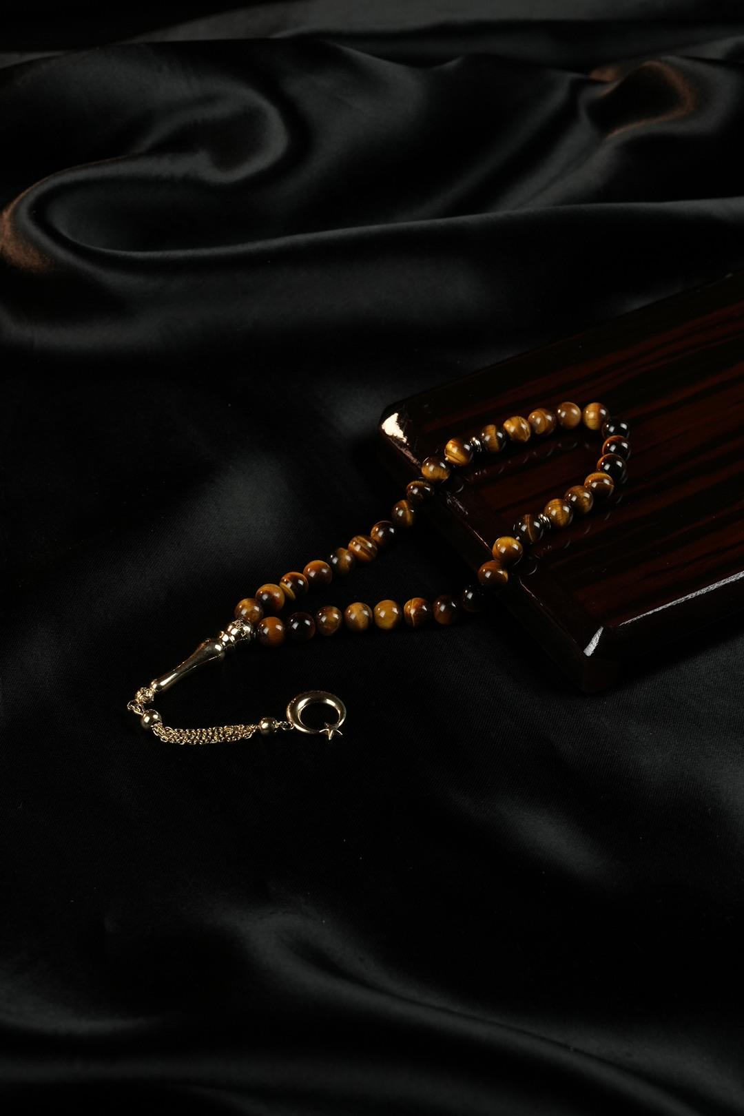 14 Ayar Altın Ayyıldız Tasarım Orjinal Kaplan Gözü Tesbih