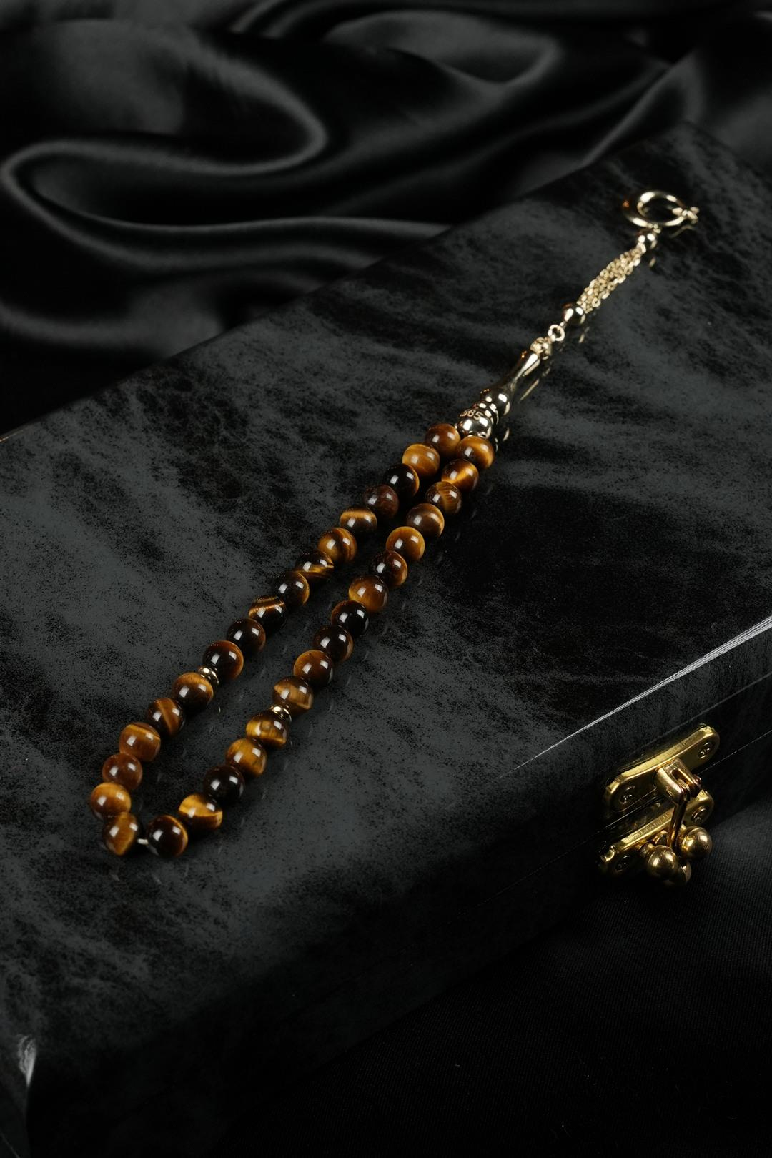 14 Ayar Altın Ayyıldız Tasarım Orjinal Kaplan Gözü Tesbih