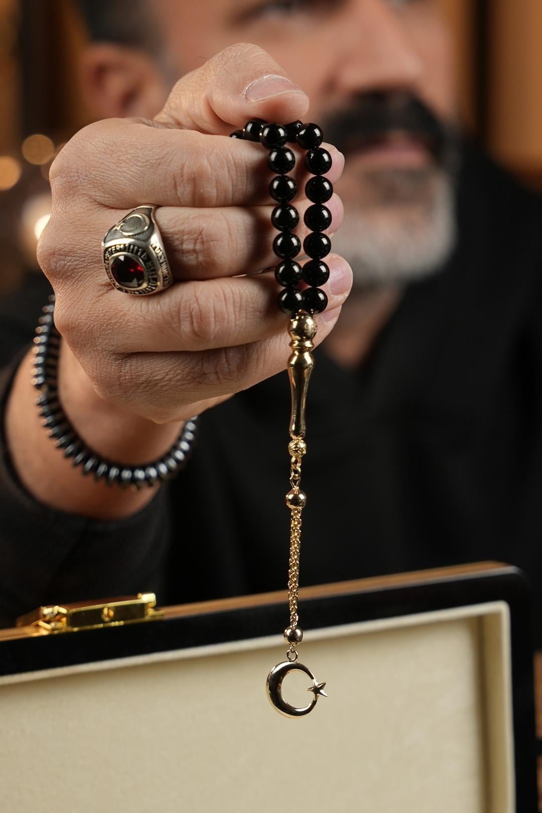 14 Ayar Altın Ayyıldız Tasarım Orjinal Erzurum Oltu Taşı Tesbih