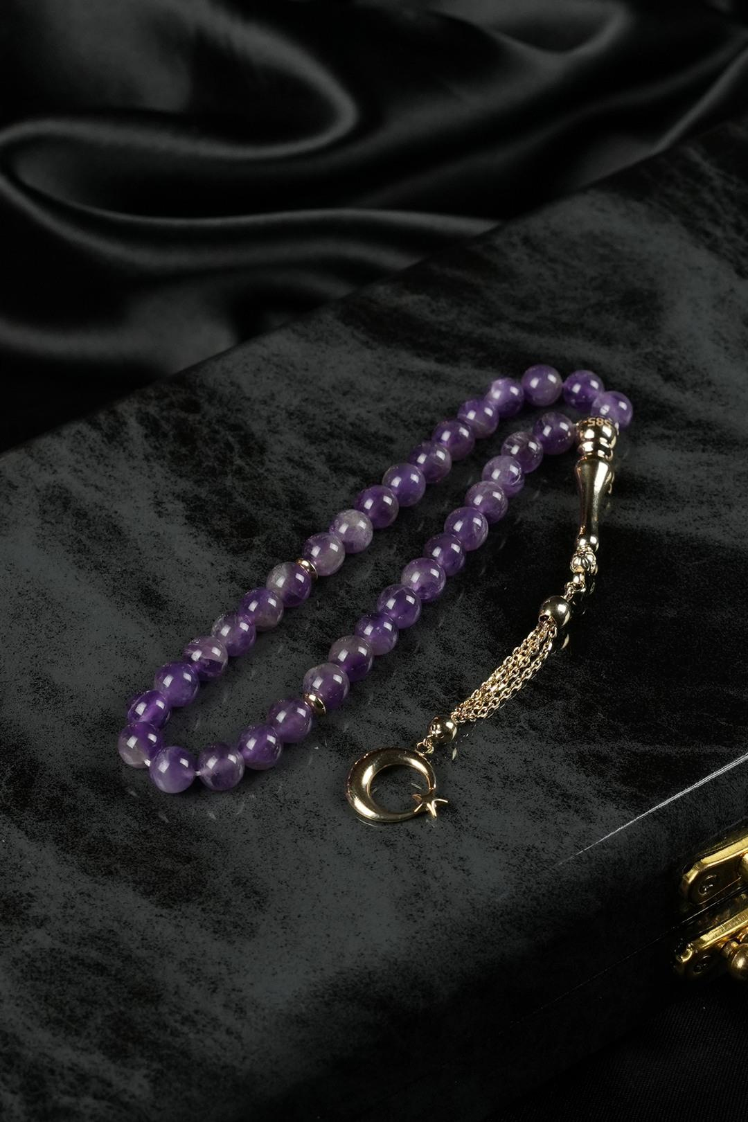 14 Ayar Altın Ayyıldız Tasarım Orjinal Ametist Taşı Tesbih