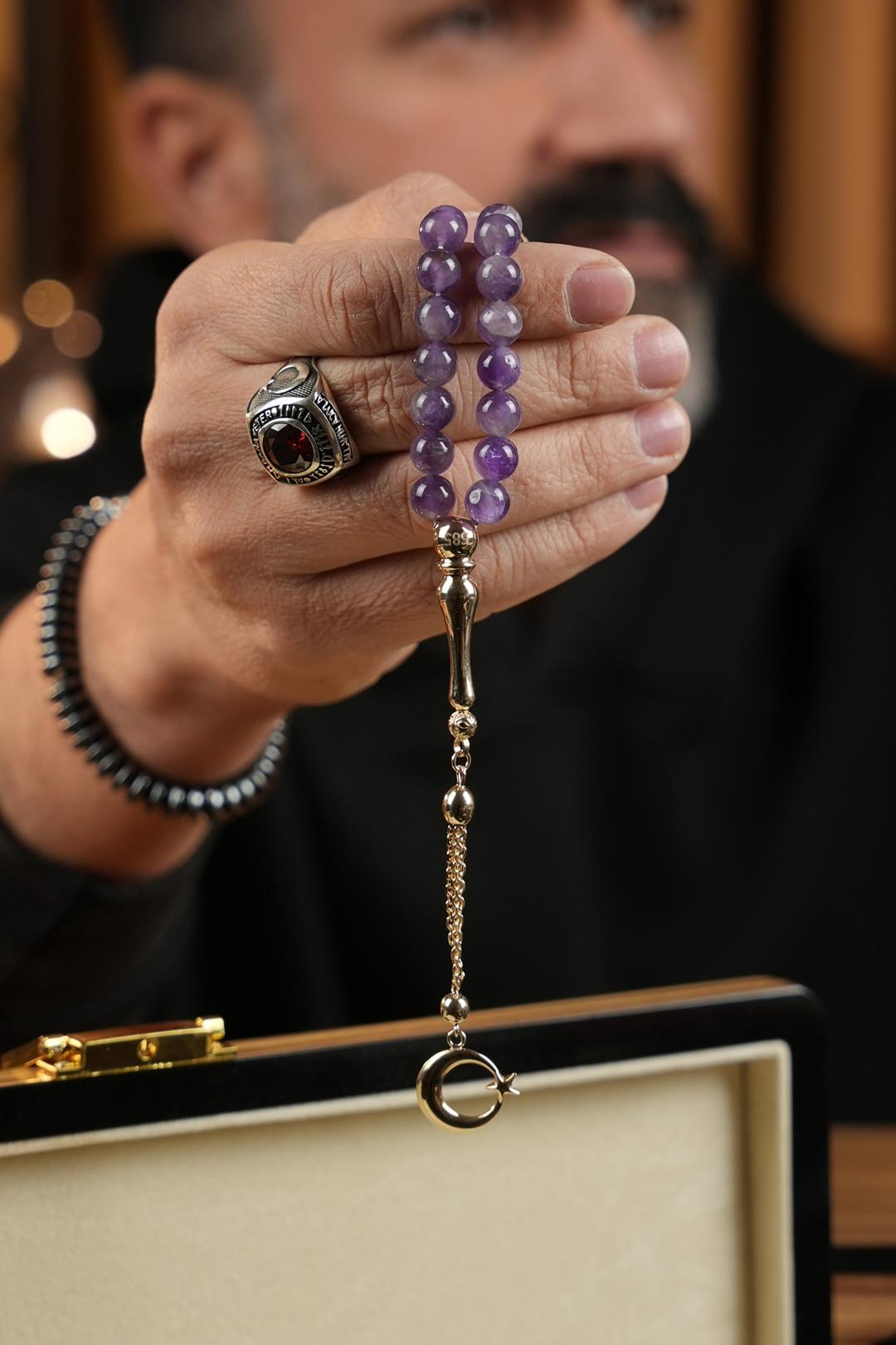 14 Ayar Altın Ayyıldız Tasarım Orjinal Ametist Taşı Tesbih