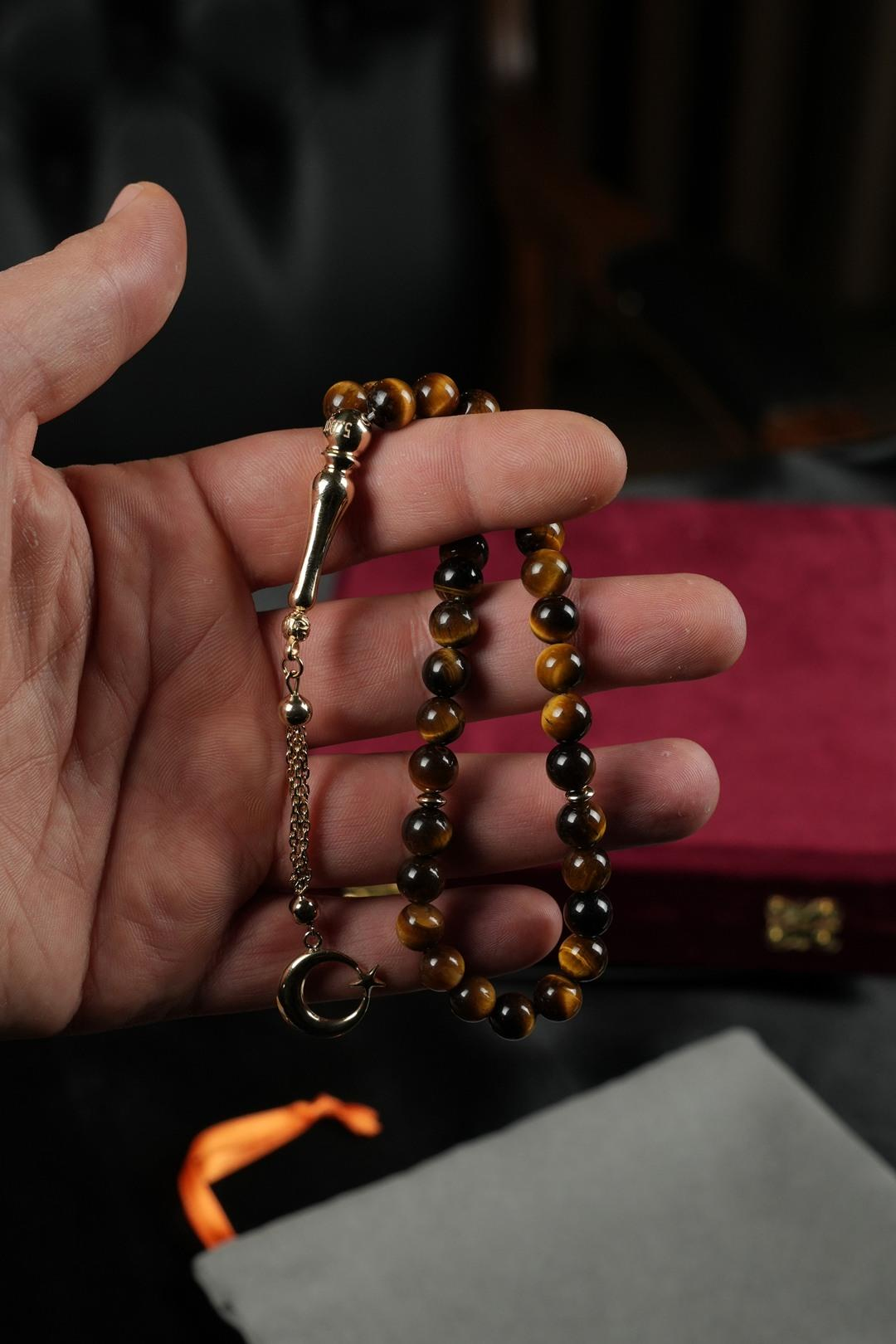 14 Ayar Altın Ayyıldız Tasarım Orjinal Kaplan Gözü Tesbih