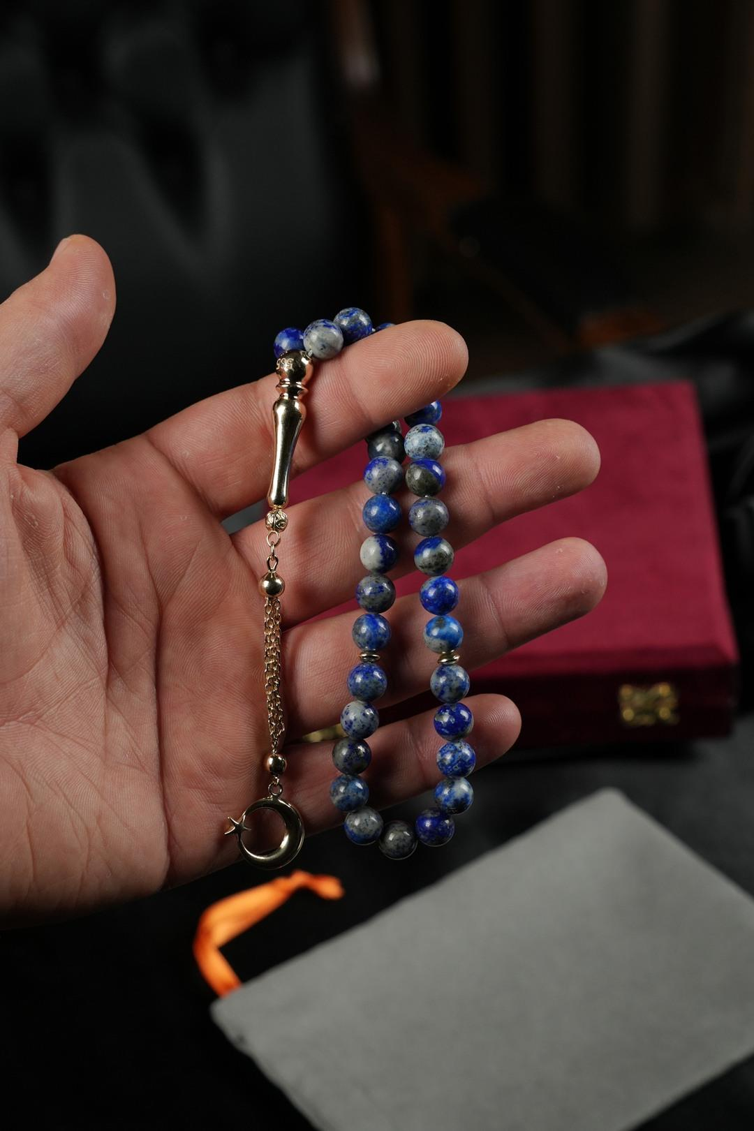 14 Ayar Altın Ayyıldız Tasarım Orjinal Lapis Lazuli  Tesbih