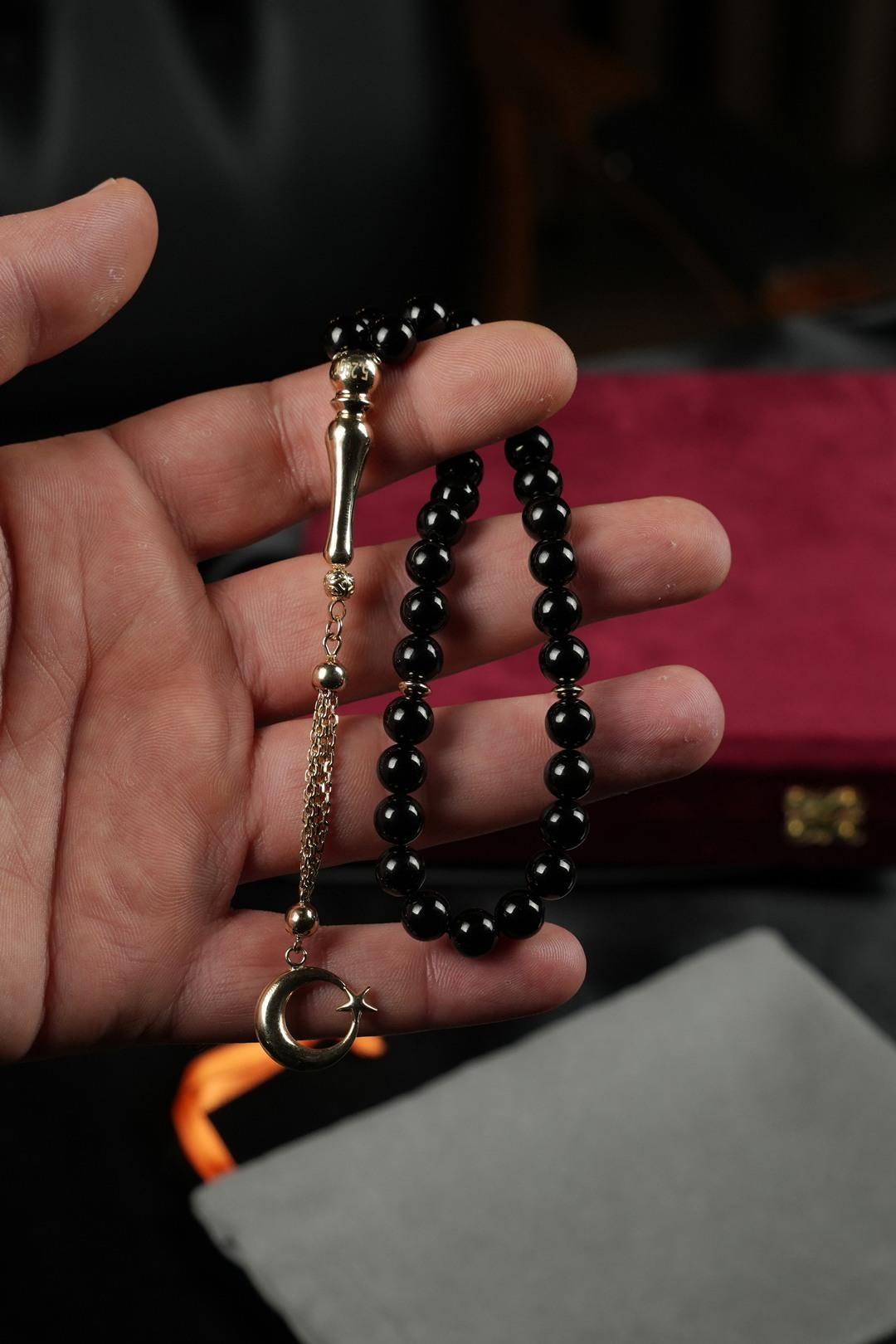 14 Ayar Altın Ayyıldız Tasarım Orjinal Erzurum Oltu Taşı Tesbih