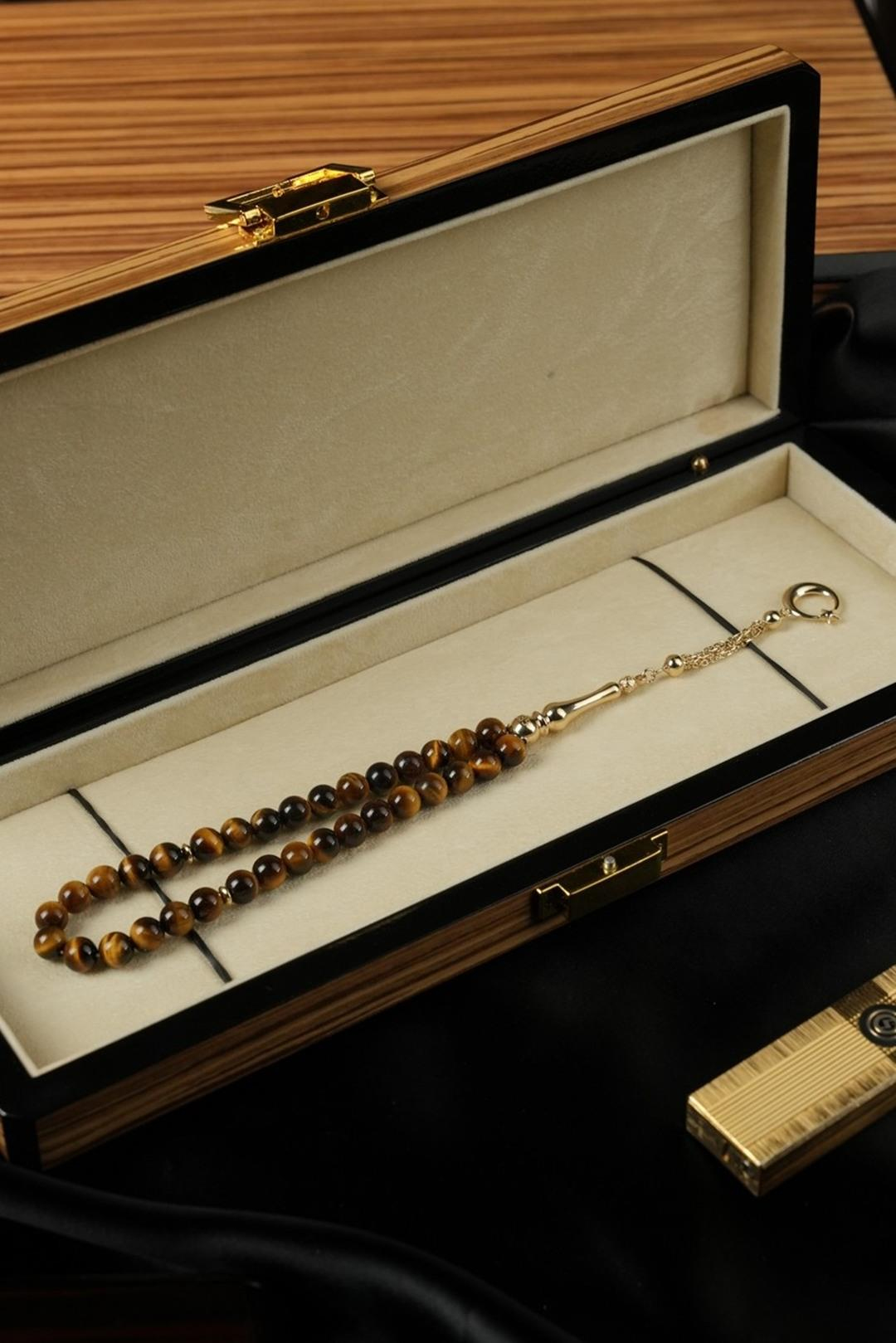 14 Ayar Altın Ayyıldız Tasarım Orjinal Kaplan Gözü Tesbih