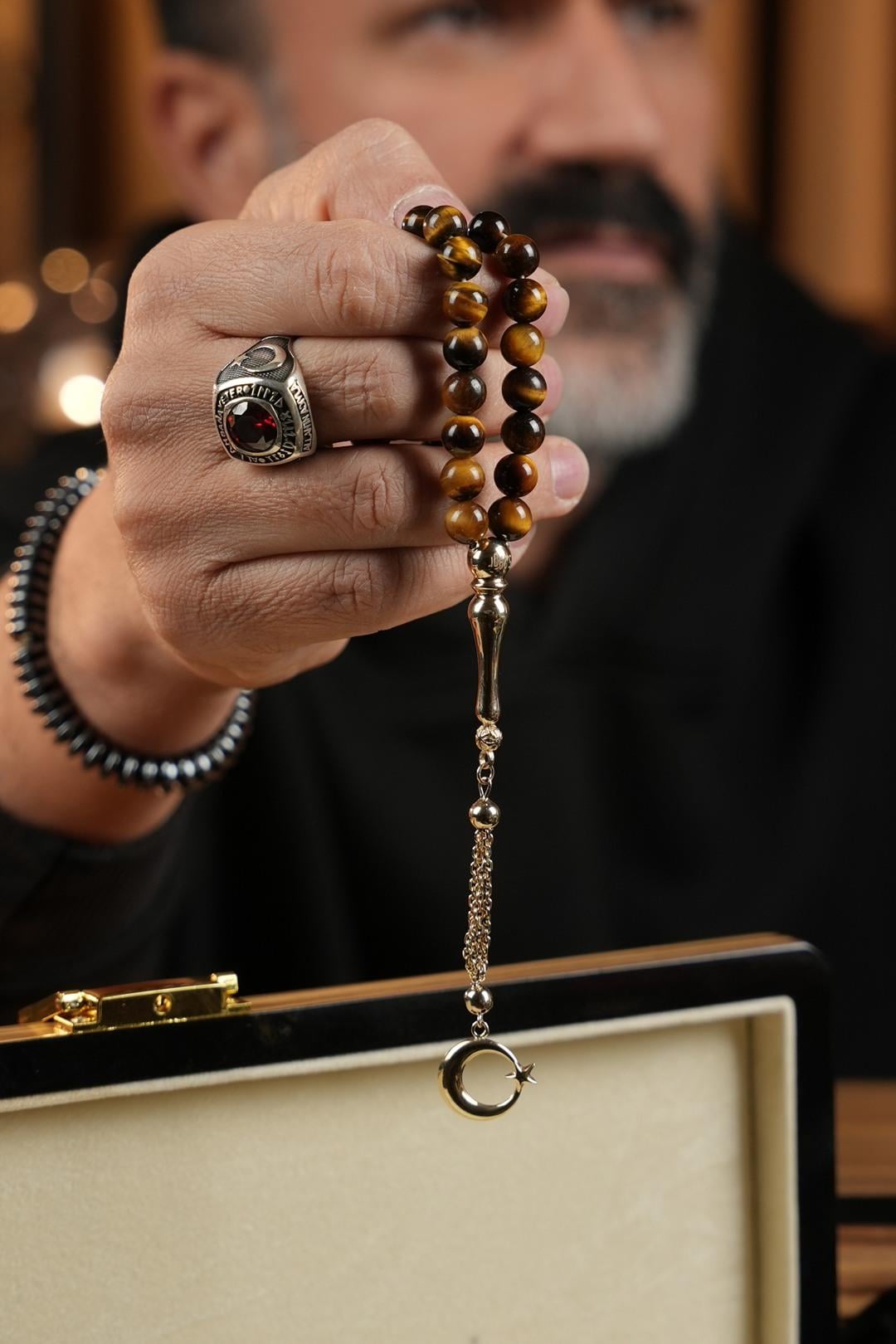 14 Ayar Altın Ayyıldız Tasarım Orjinal Kaplan Gözü Tesbih