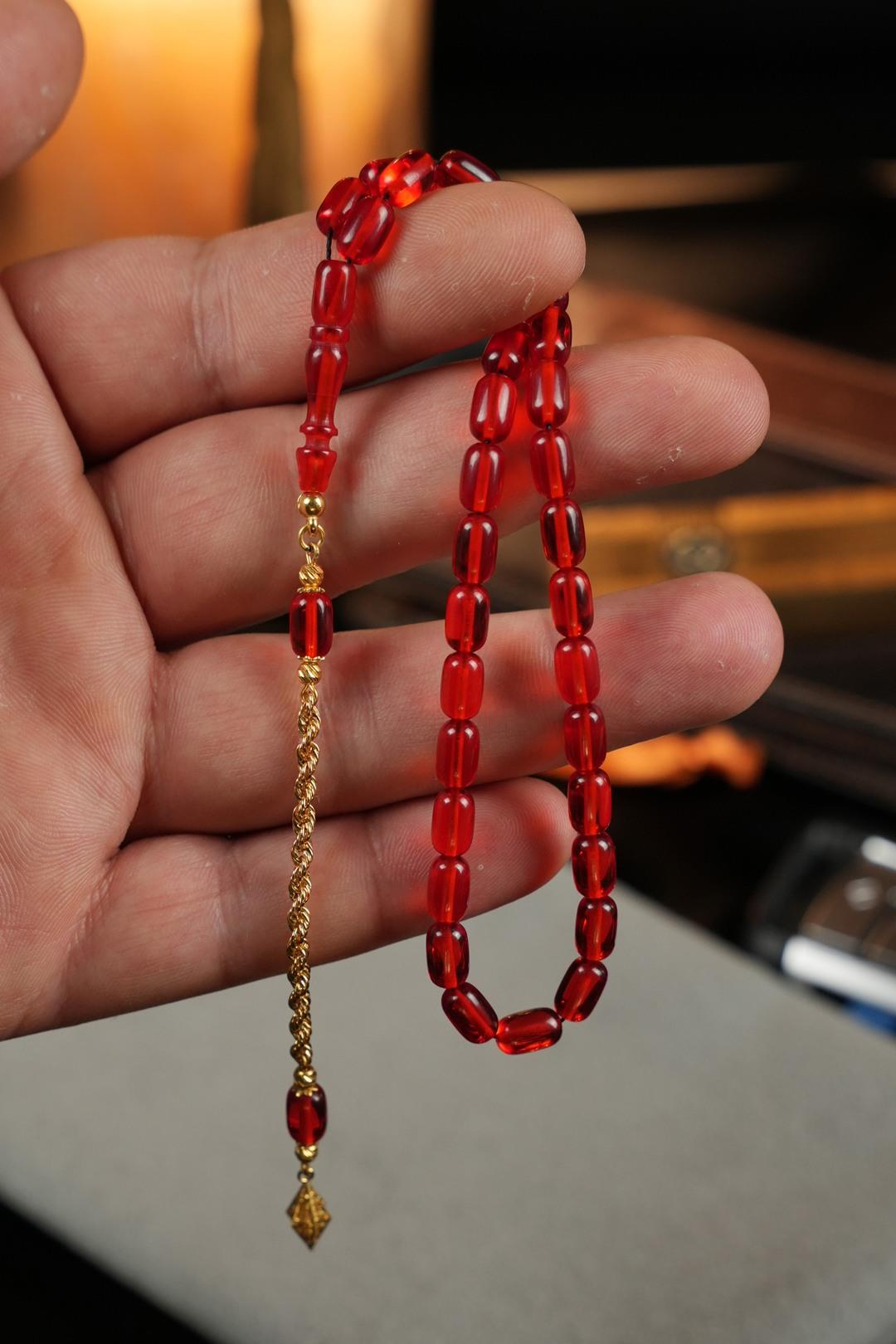 14 Ayar Altın Tasarım Bilek Boy Kırmızı Sıkma Tesbih