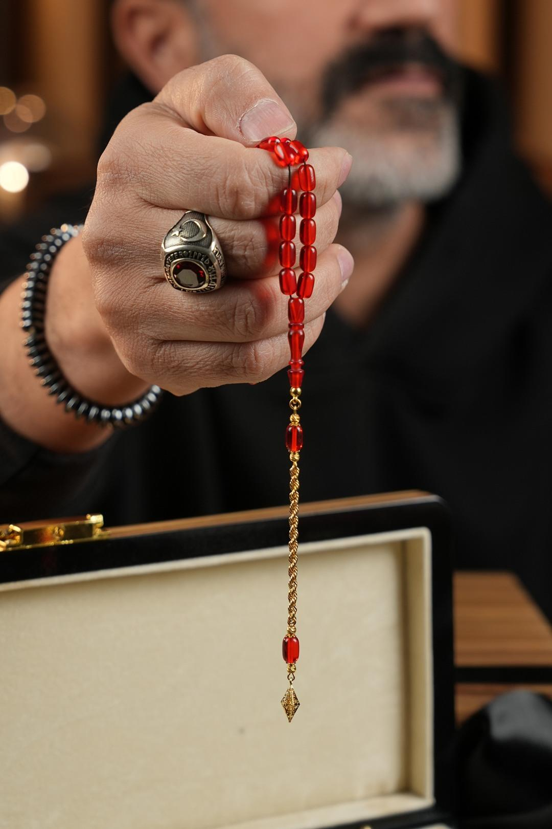 14 Ayar Altın Tasarım Bilek Boy Kırmızı Sıkma Tesbih