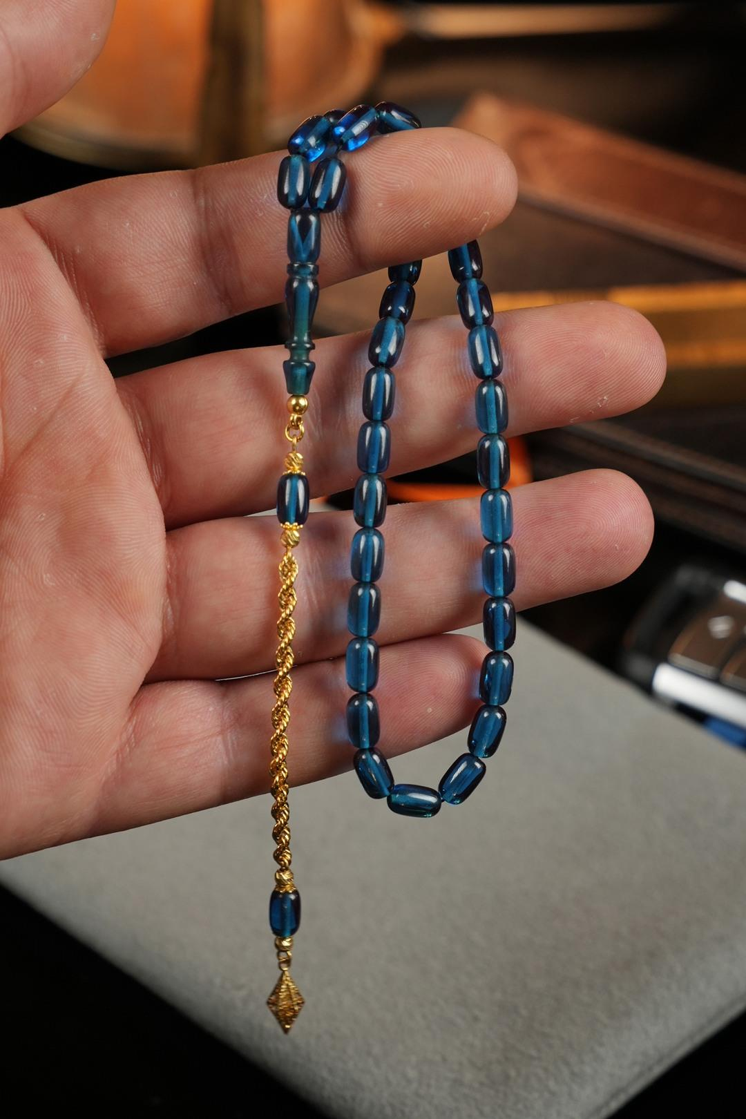 14 Ayar Altın Tasarım Bilek Boy Mavi Sıkma Tesbih