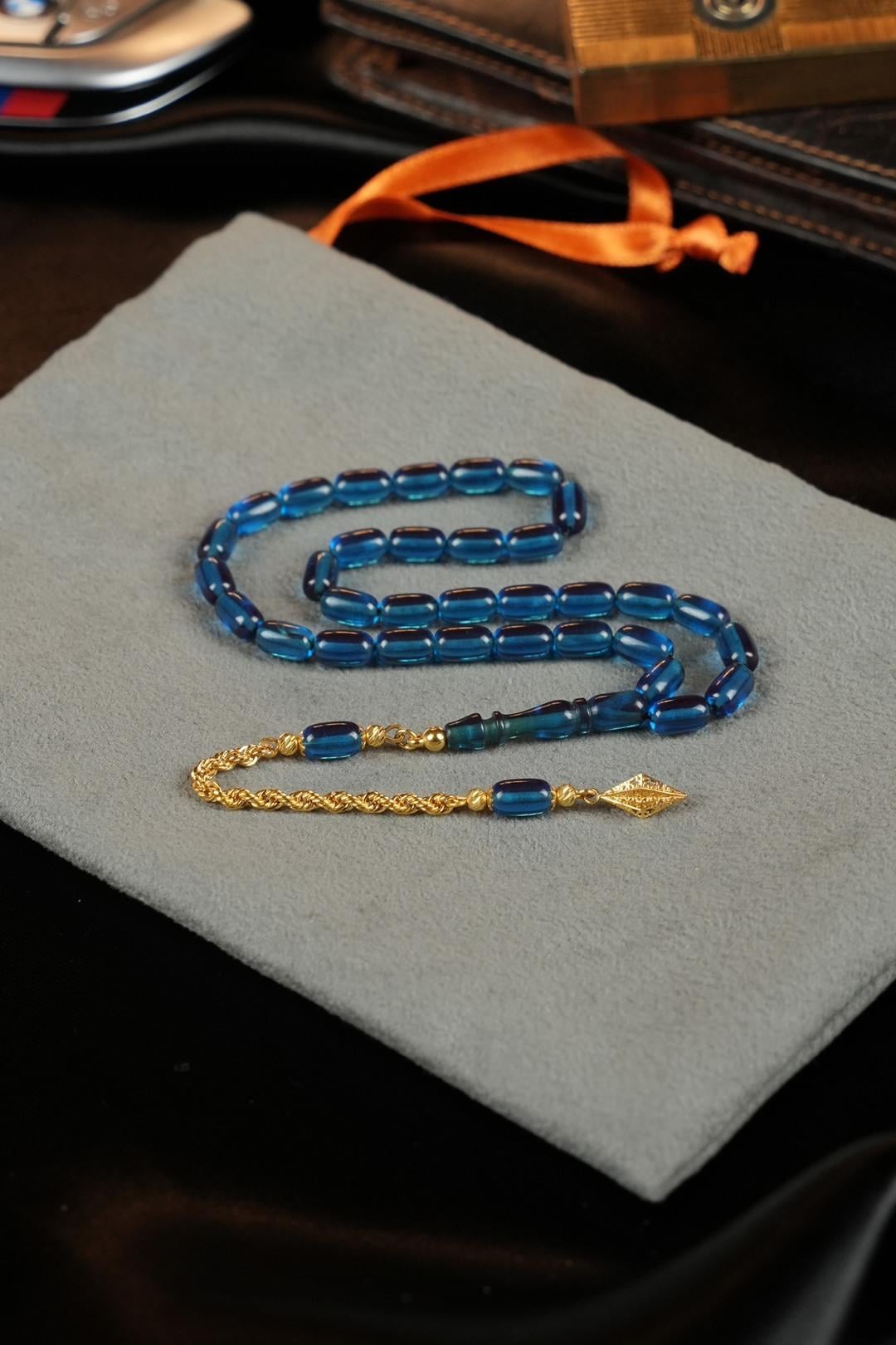 14 Ayar Altın Tasarım Bilek Boy Mavi Sıkma Tesbih