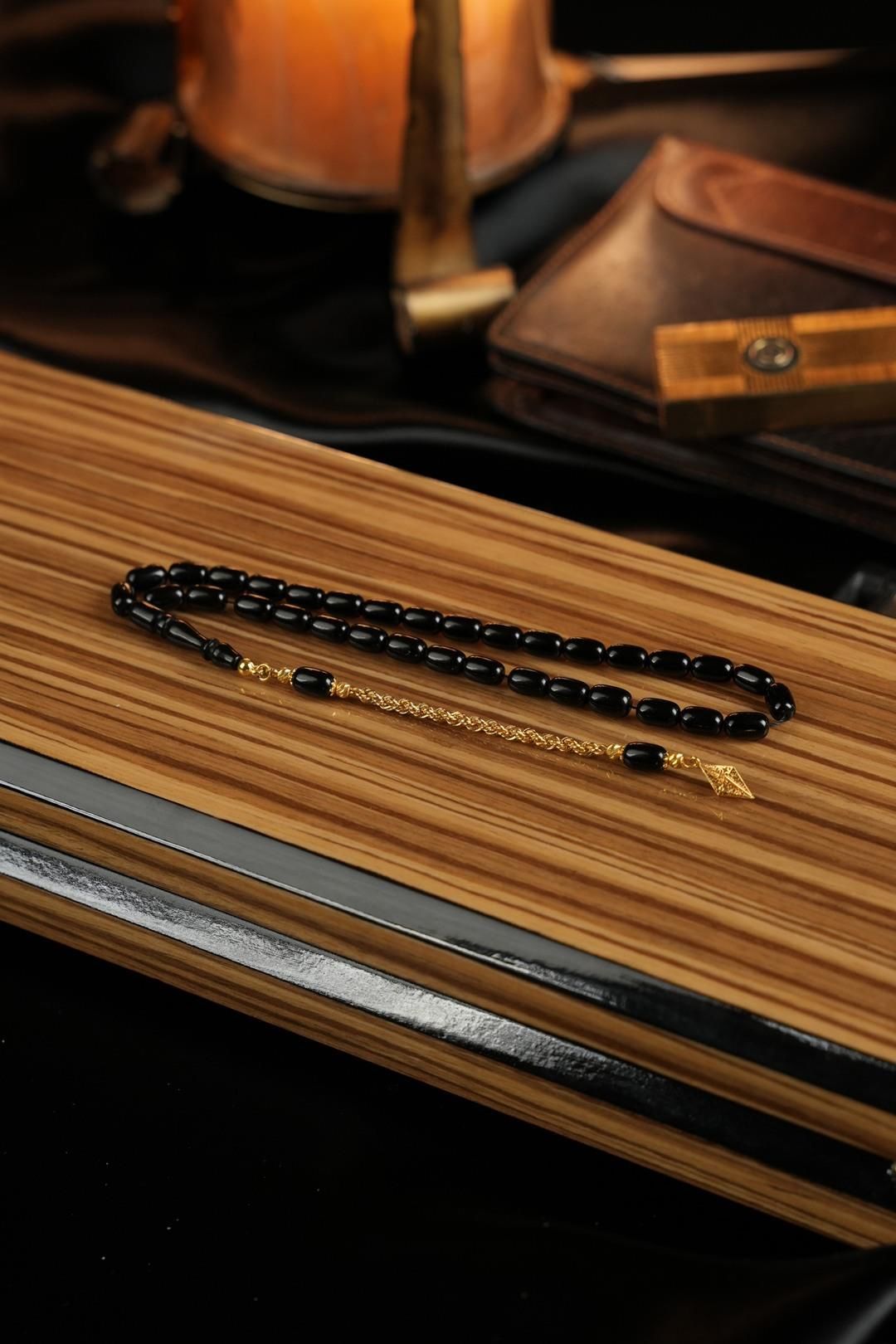 14 Ayar Altın Tasarım Bilek Boy Siyah Sıkma Tesbih