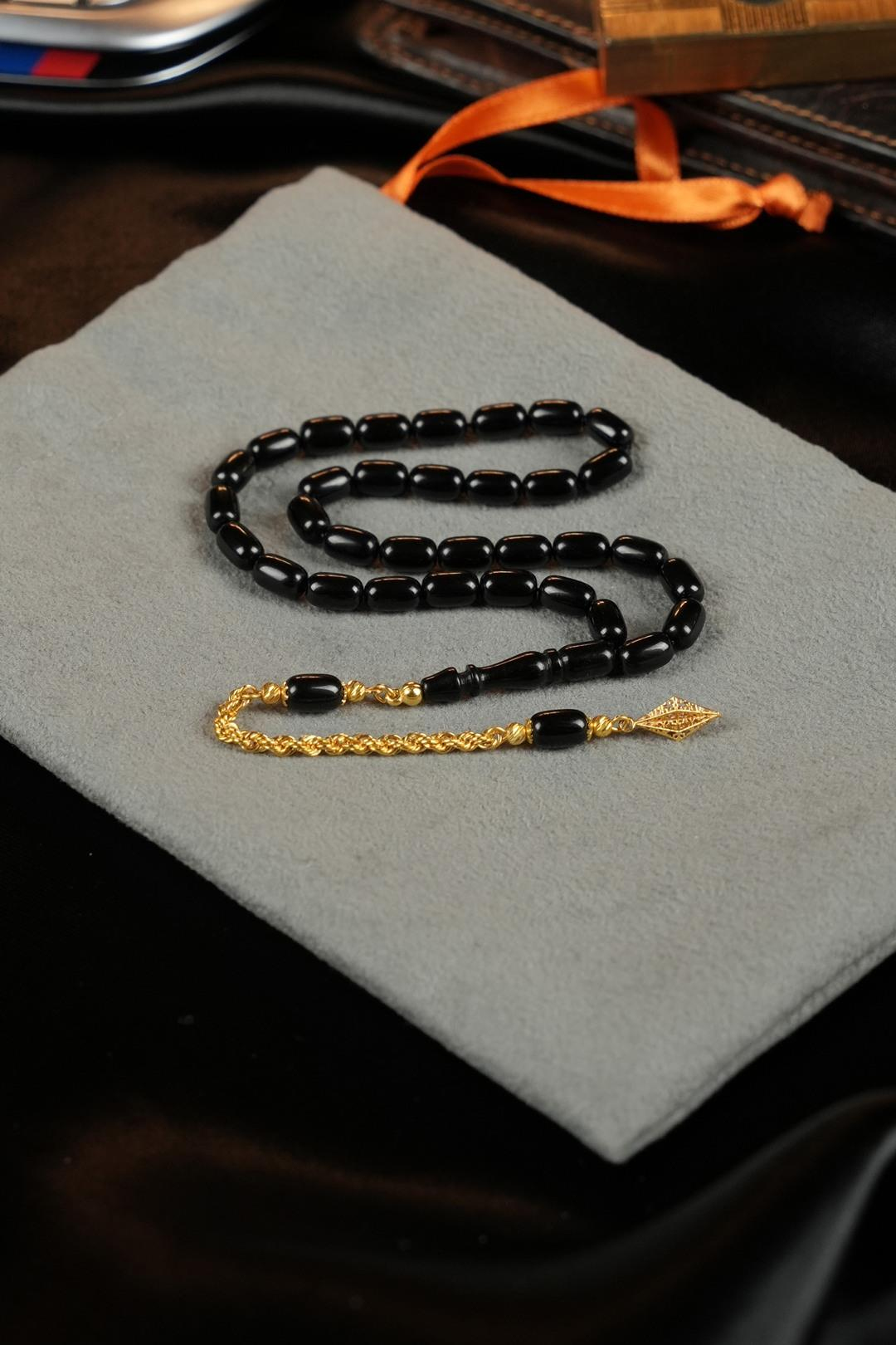 14 Ayar Altın Tasarım Bilek Boy Siyah Sıkma Tesbih