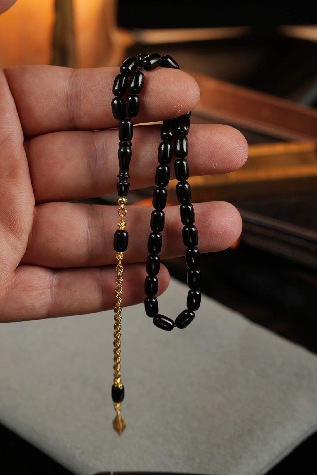 14 Ayar Altın Tasarım Bilek Boy Siyah Sıkma Tesbih