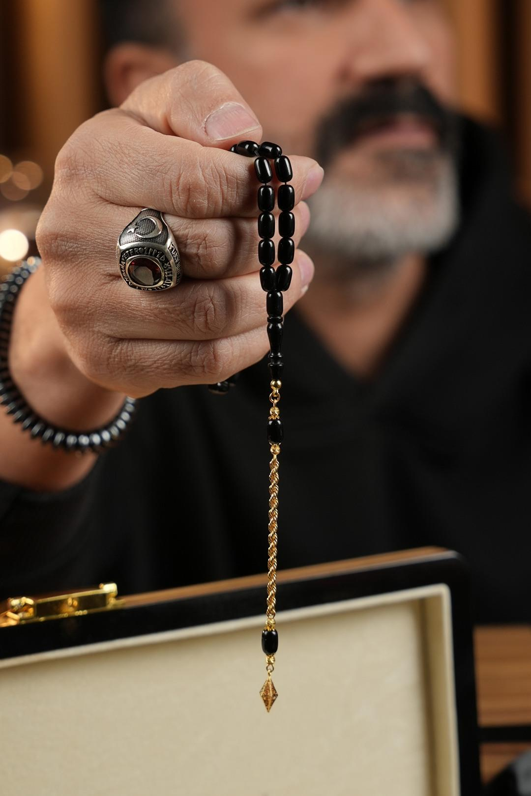 14 Ayar Altın Tasarım Bilek Boy Siyah Sıkma Tesbih