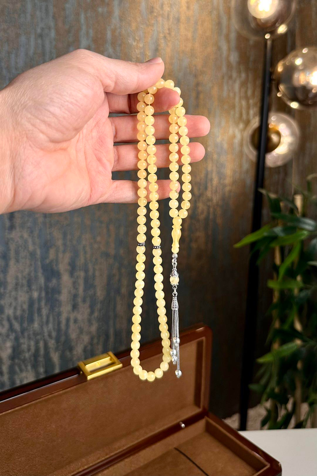 99luk Damla Kehribar Gümüş Tasarım Namaz Tesbihi (Amber), (مسبحة قطرة كهريبار)