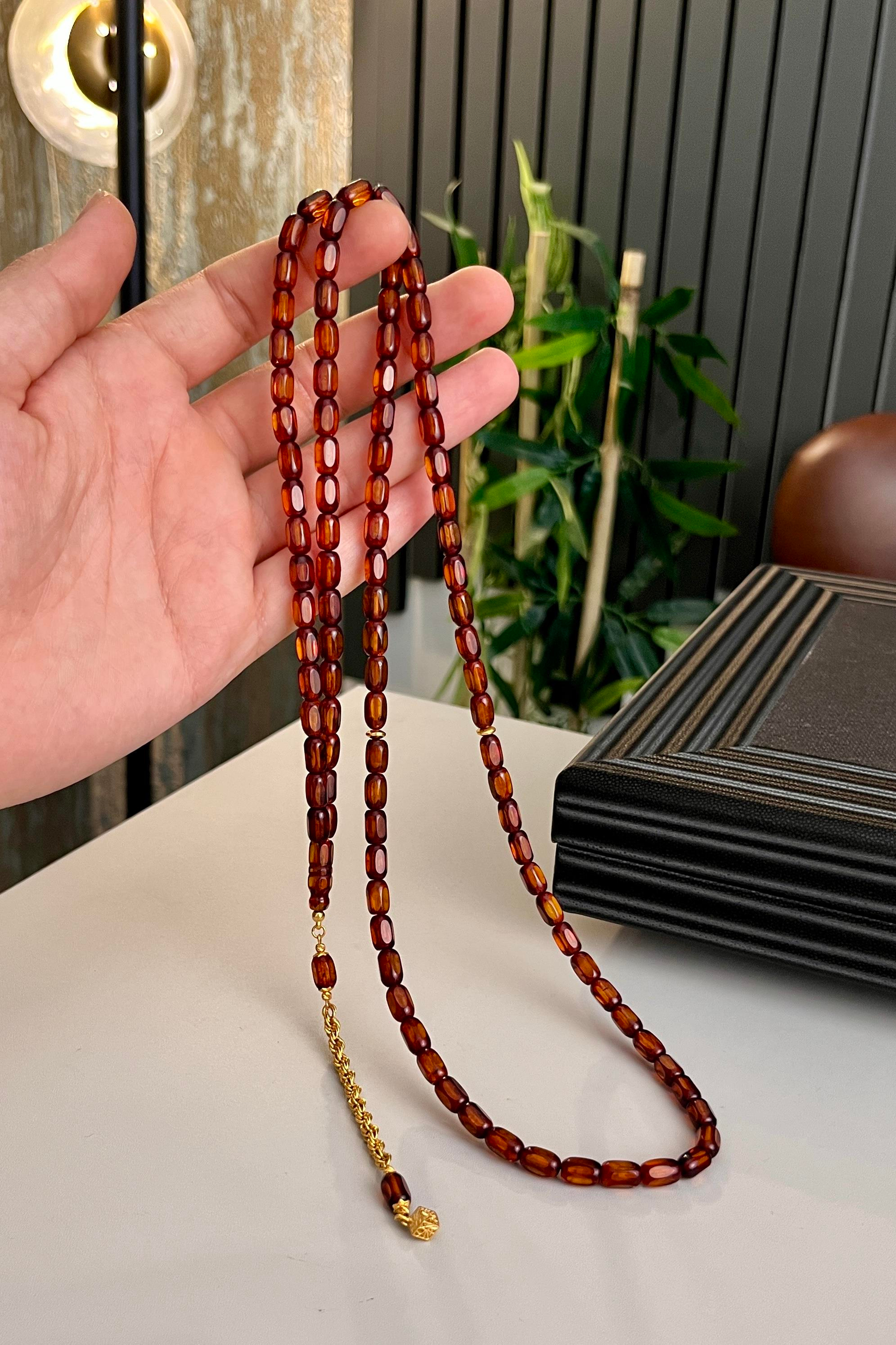 Altın Püskül 99luk  Rus Damla Kehribar (Amber), (مسبحة قطرة كهريبار)