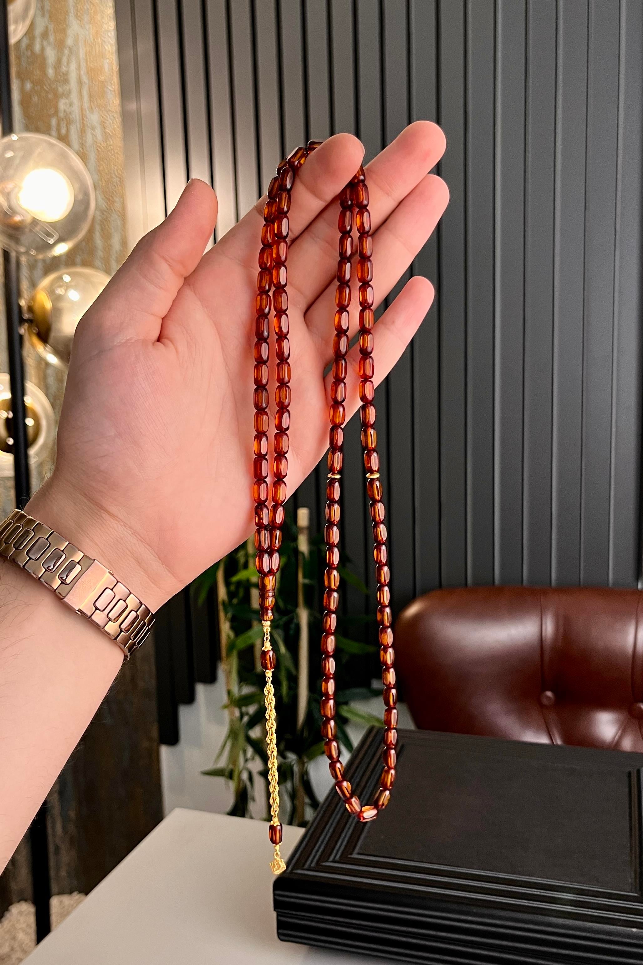 Altın Püskül 99luk  Rus Damla Kehribar (Amber), (مسبحة قطرة كهريبار)