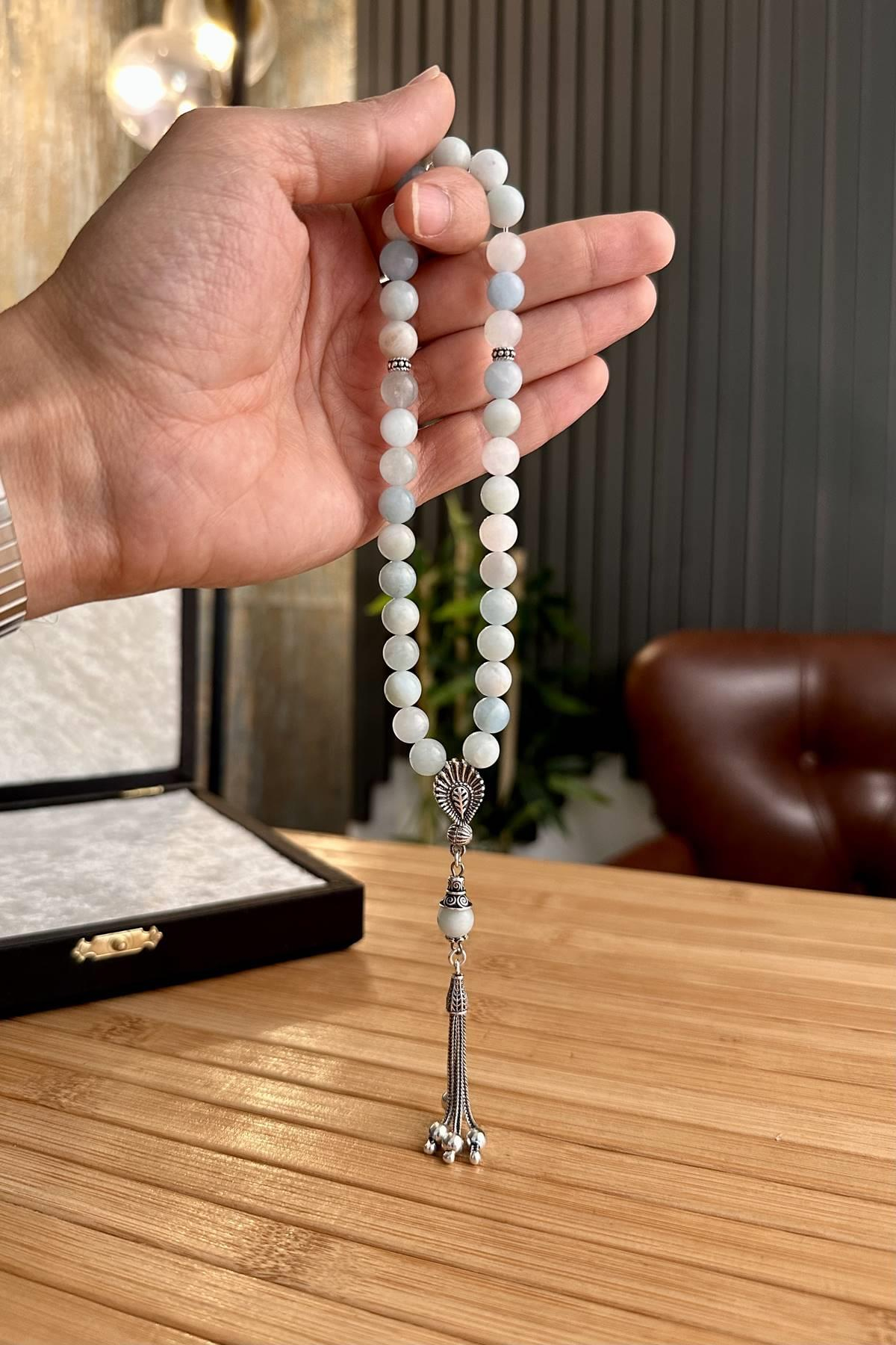 Aquamarine Doğal Taş Gümüş Tasarım Tesbih