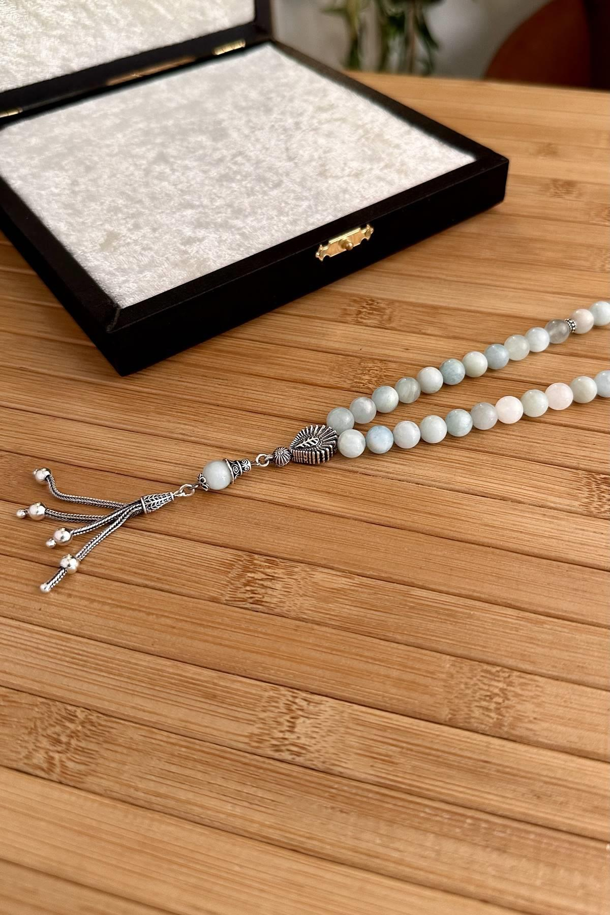 Aquamarine Doğal Taş Gümüş Tasarım Tesbih