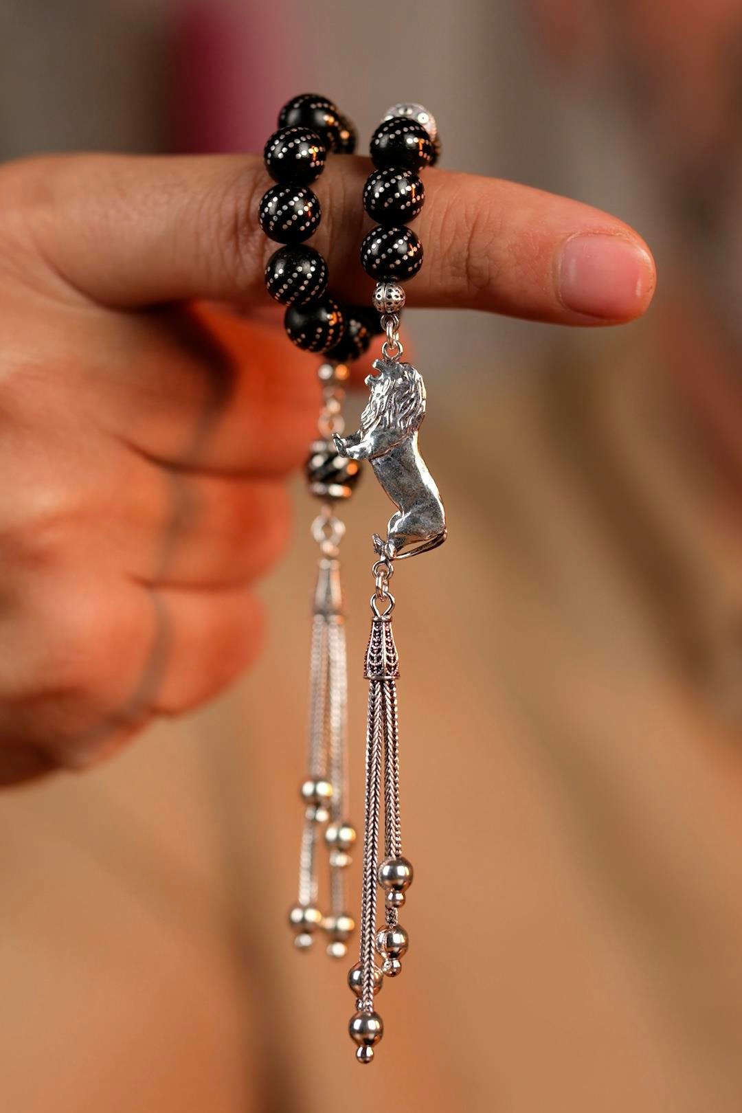 Aslan Figürü Full Gümüş Tasarım Oltu Taşı Zaza Tesbih