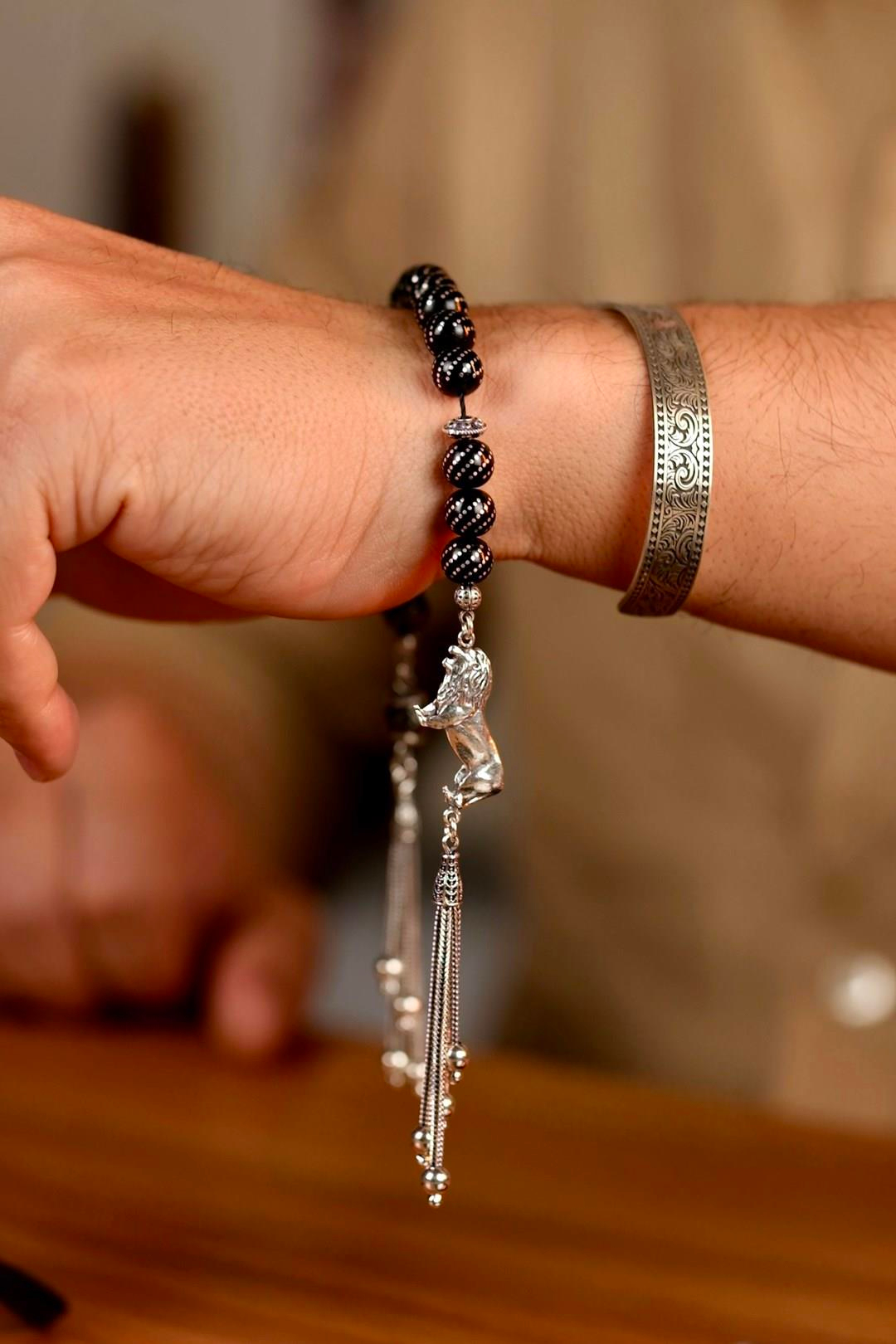 Aslan Figürü Full Gümüş Tasarım Oltu Taşı Zaza Tesbih