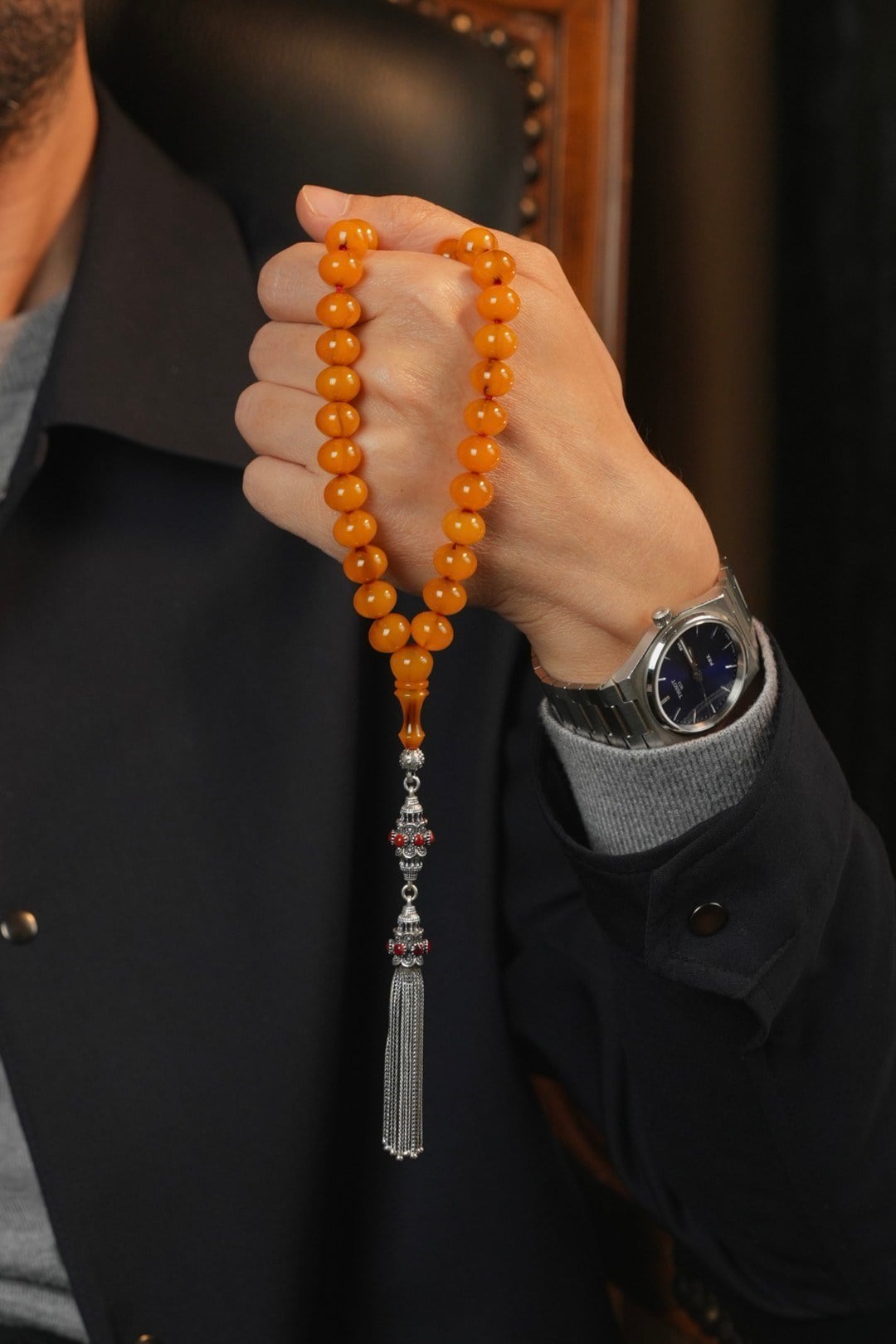Bahadır Kılıç Usta İşçiliği Eski Osmanlı Gümüş Tasarım Tesbih (Antique Faturan Amber Beads فاتوران عنبر خرز عتيق)