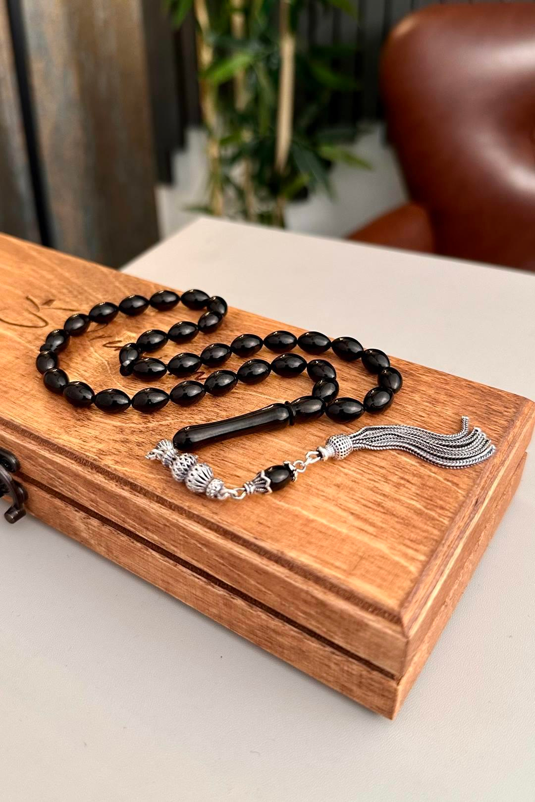 Beyzi Model Erzurum  Oltu Taşı Gümüş Tasarım Tesbih  7x10 mm