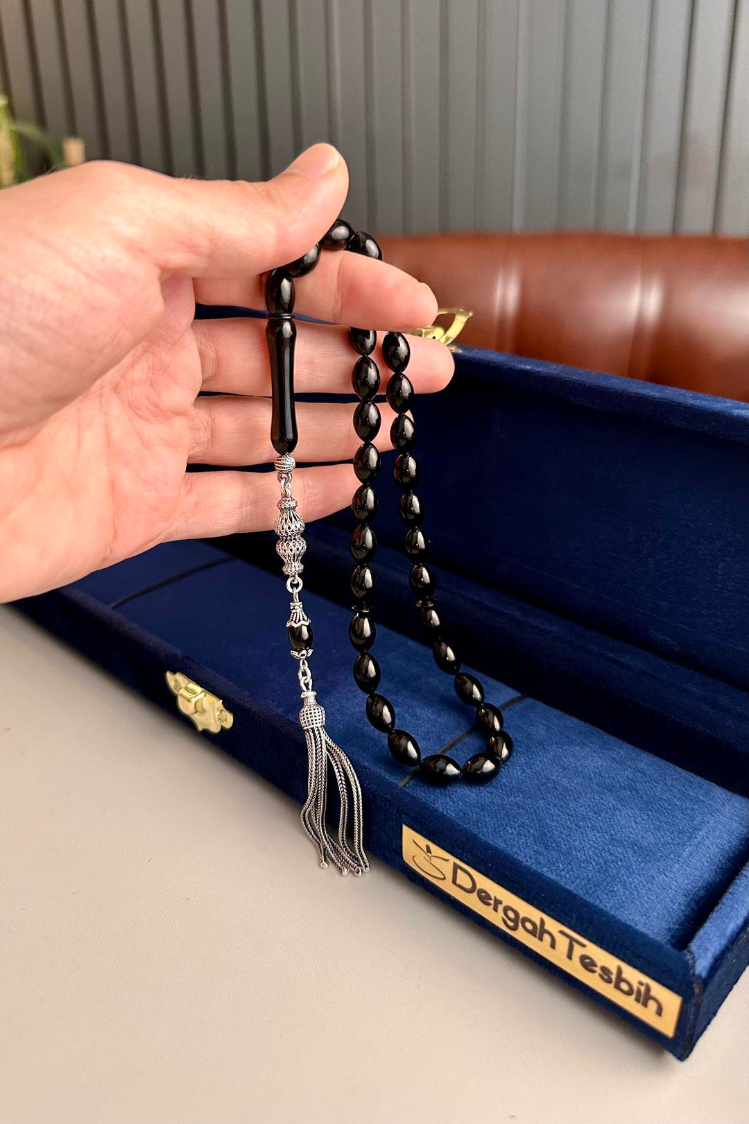 Beyzi Model Erzurum  Oltu Taşı Gümüş Tasarım Tesbih  7x10 mm